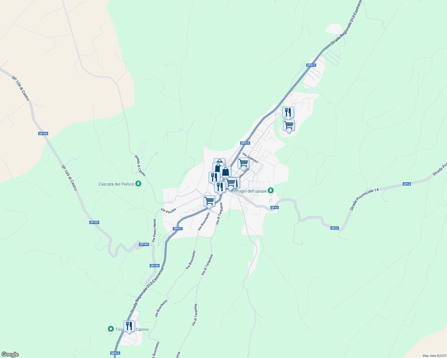map of restaurants, bars, coffee shops, grocery stores, and more near Strada Regionale 312 Castrense in Provincia di Viterbo