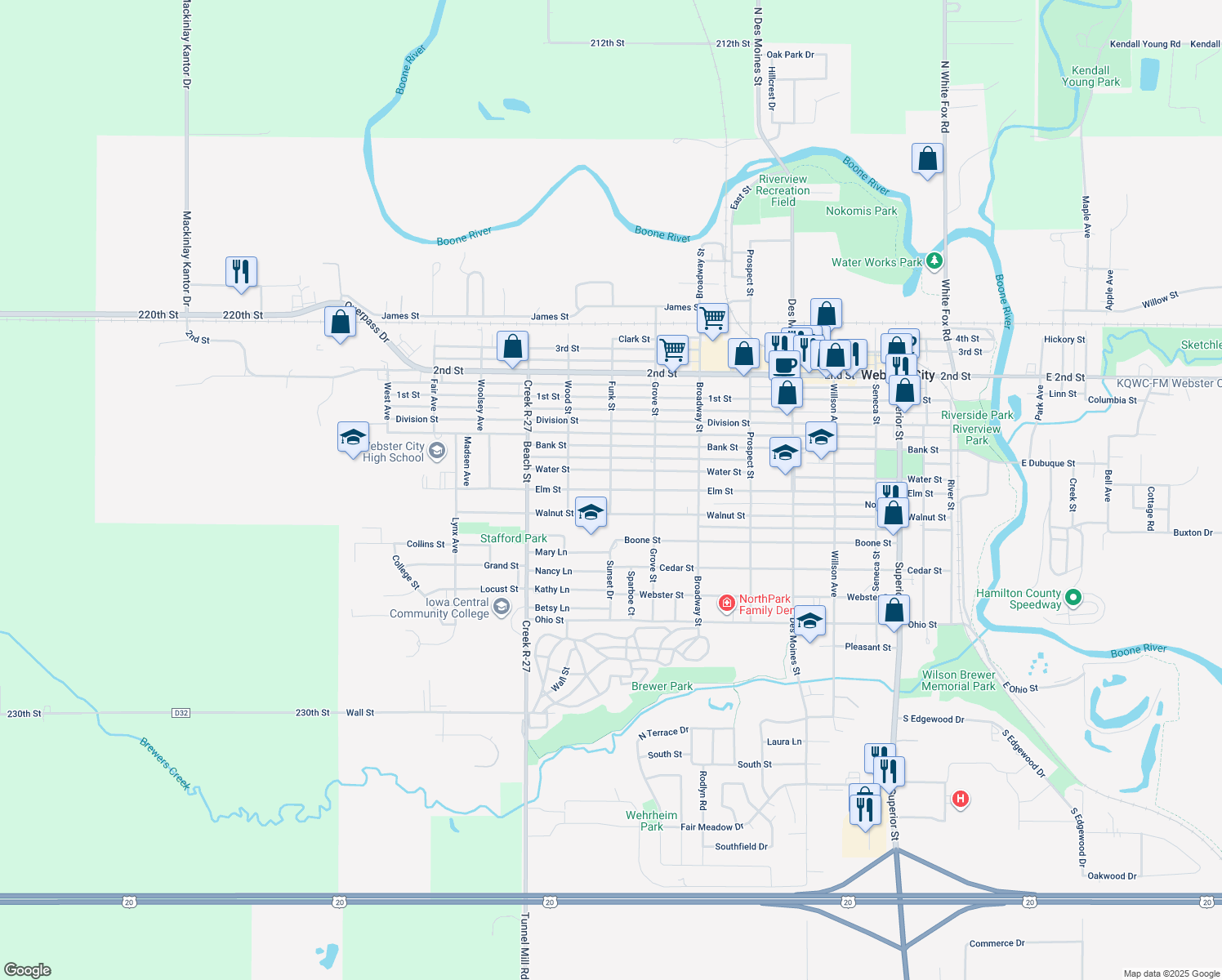 map of restaurants, bars, coffee shops, grocery stores, and more near 1199 Funk Street in Webster City