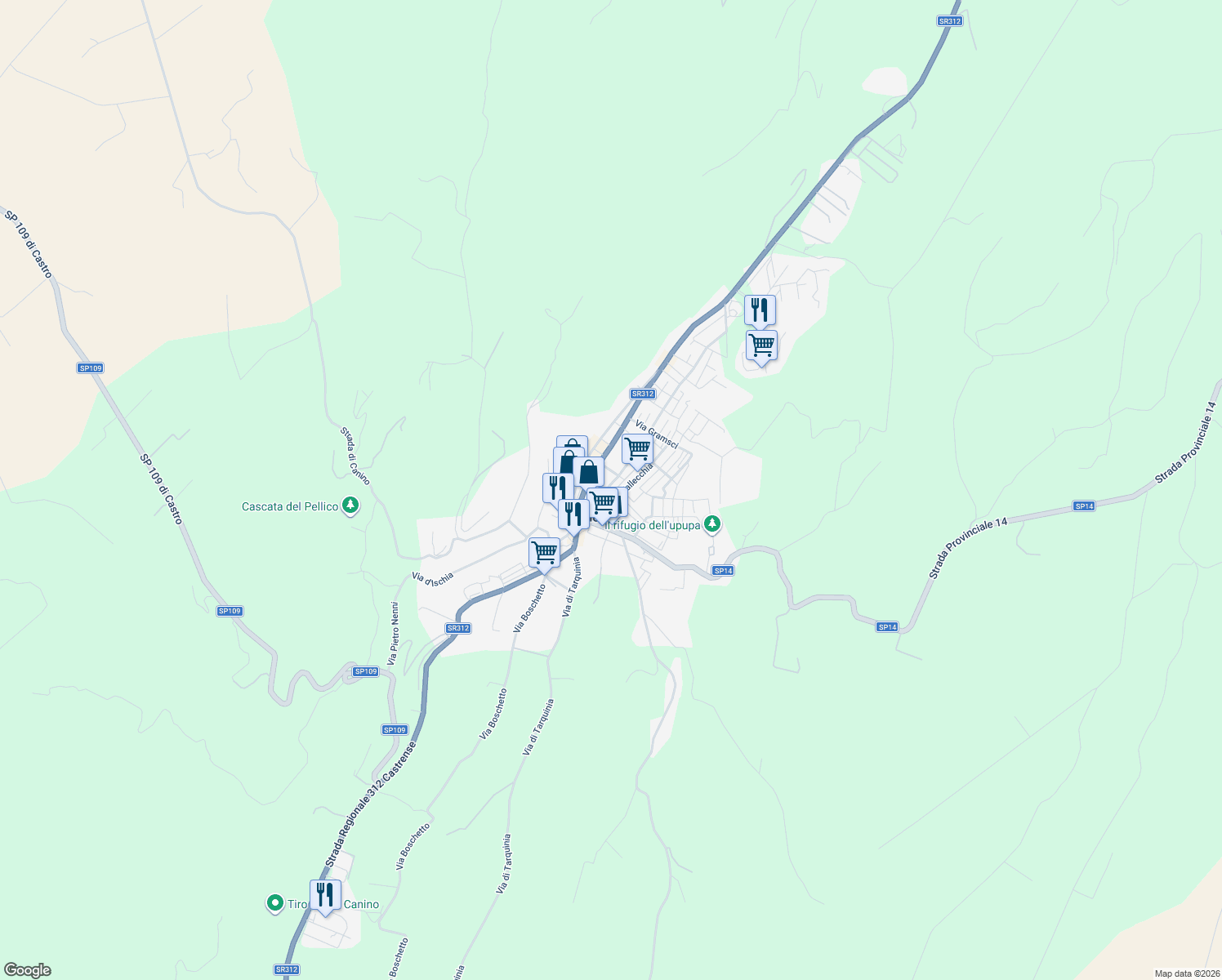 map of restaurants, bars, coffee shops, grocery stores, and more near 1 Piazza Risorgimento in Canino