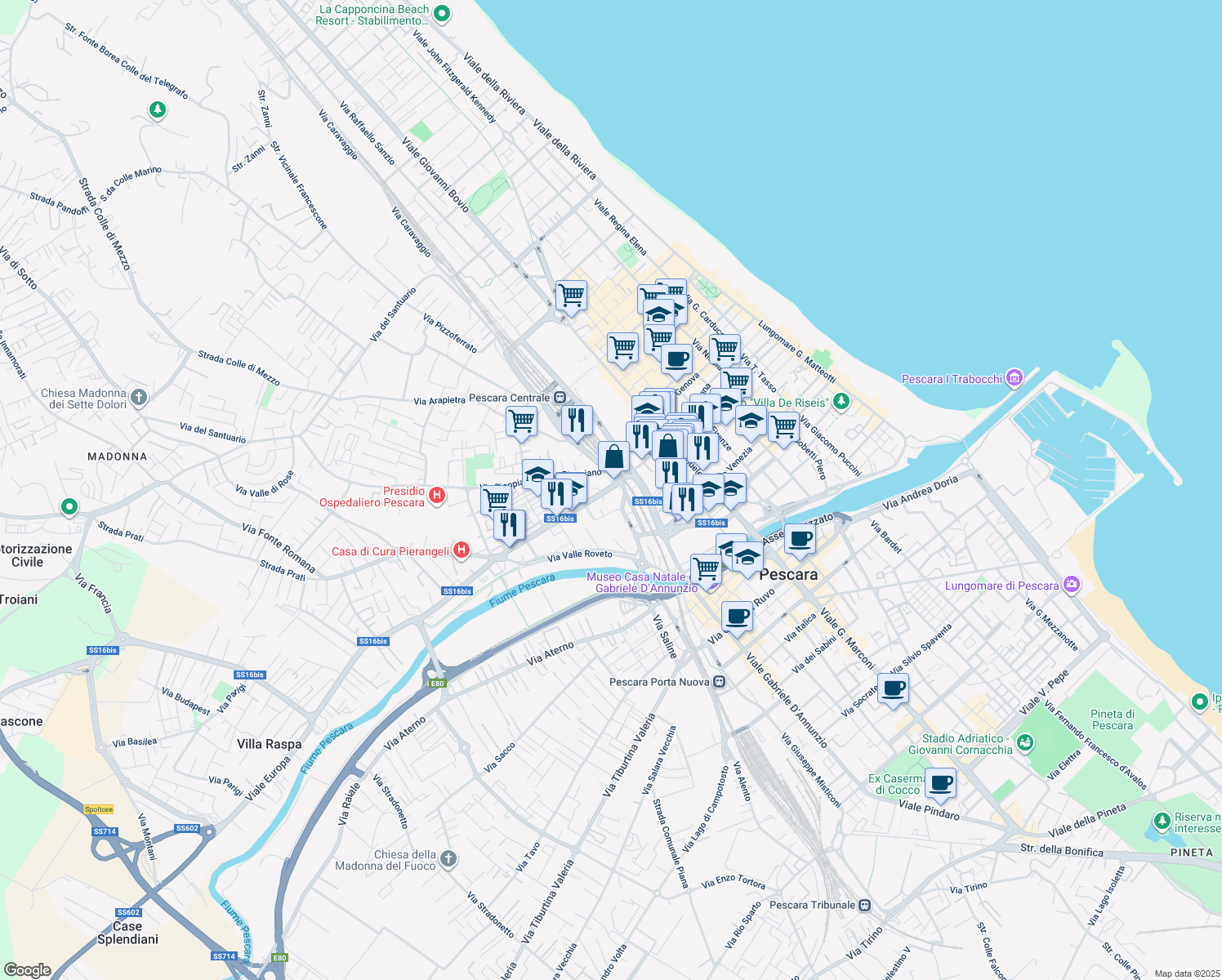 map of restaurants, bars, coffee shops, grocery stores, and more near 17 Via del Circuito in Pescara