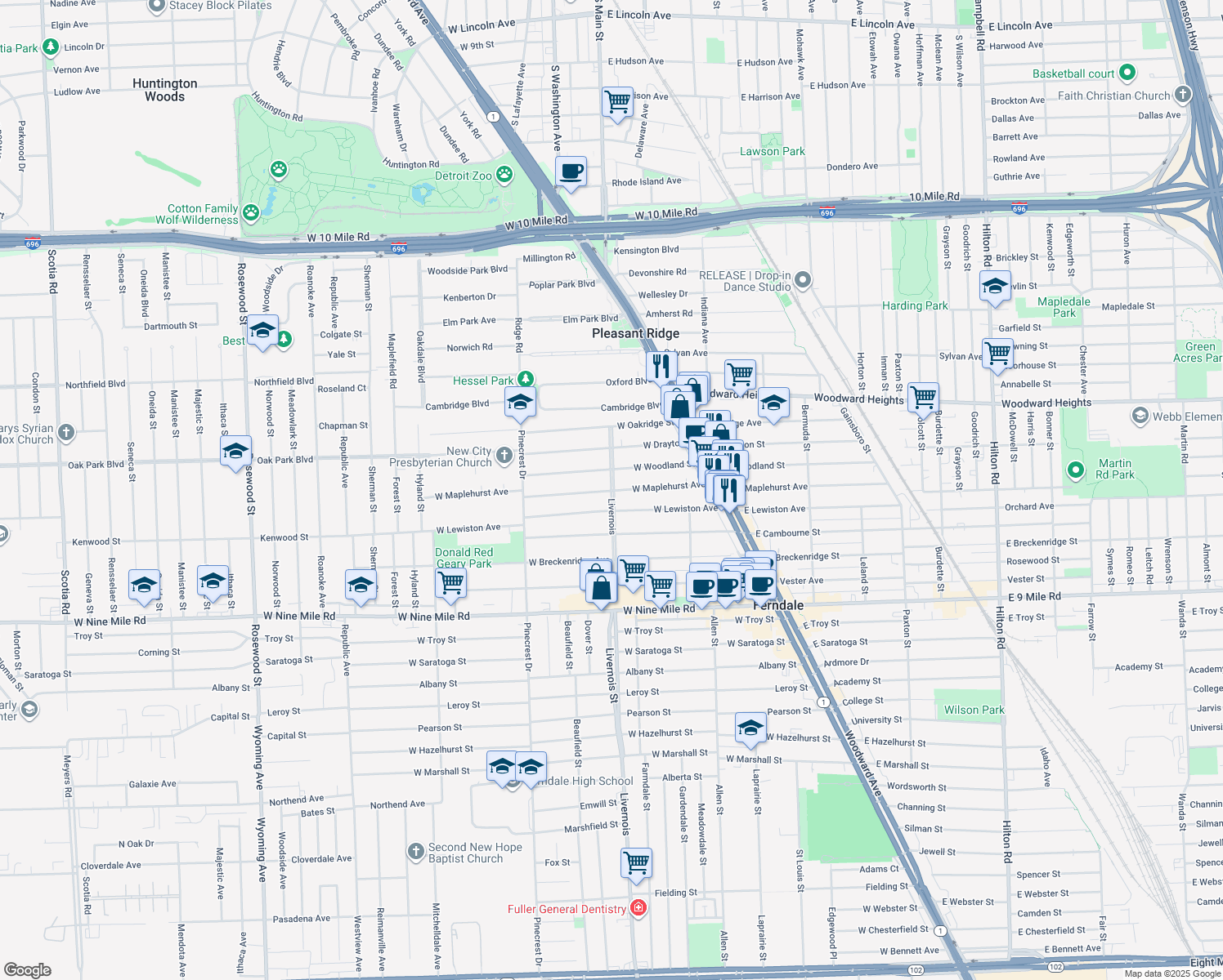 map of restaurants, bars, coffee shops, grocery stores, and more near 341 W Maplehurst Ave in Ferndale