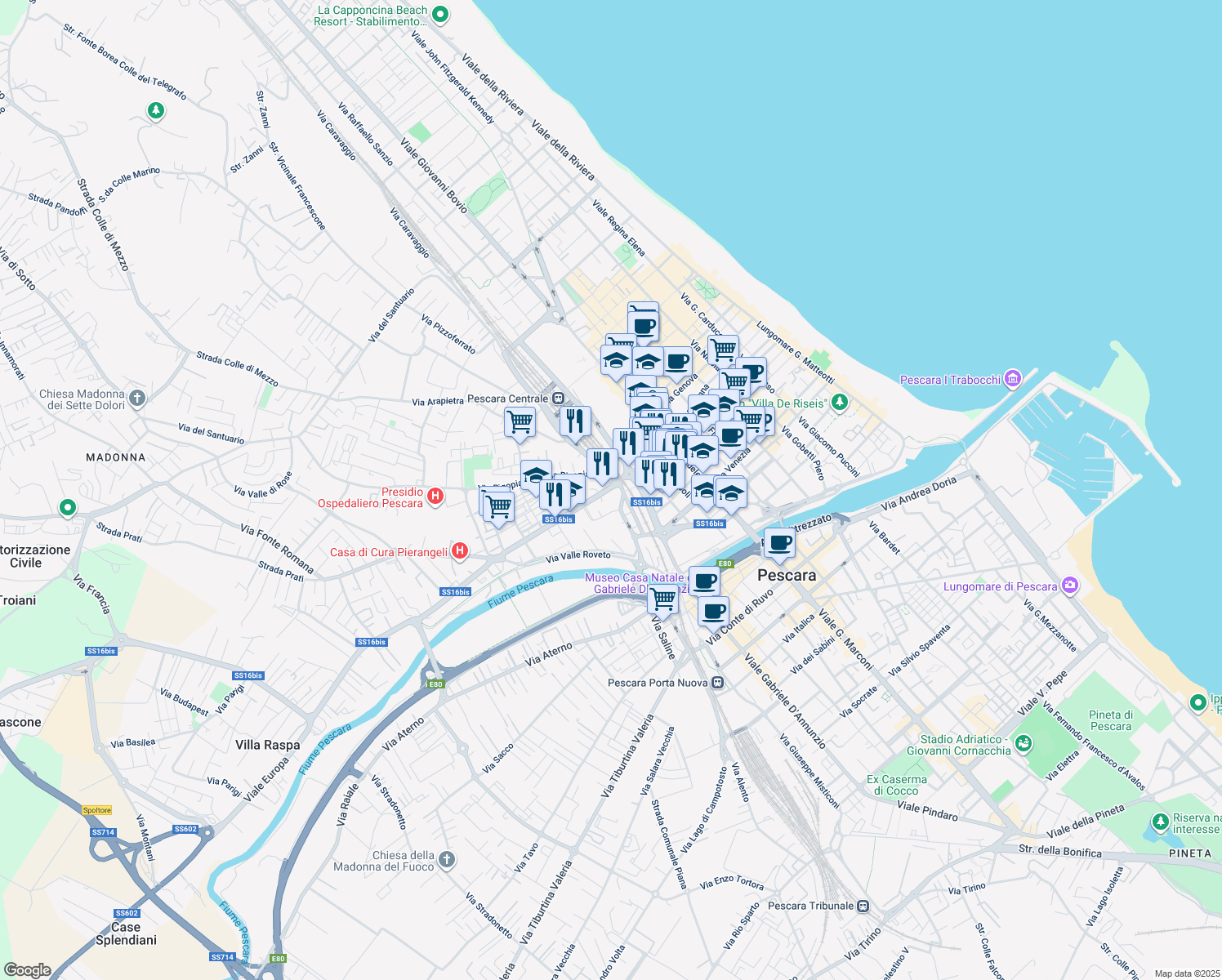 map of restaurants, bars, coffee shops, grocery stores, and more near 17 Via del Circuito in Pescara