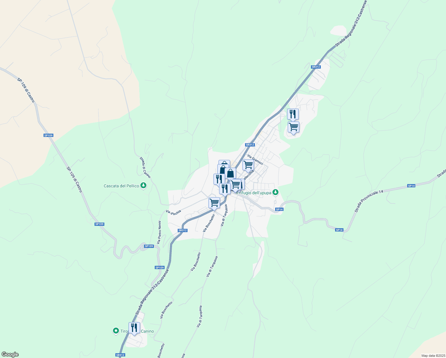 map of restaurants, bars, coffee shops, grocery stores, and more near Strada Statale 312 Castrese in Canino