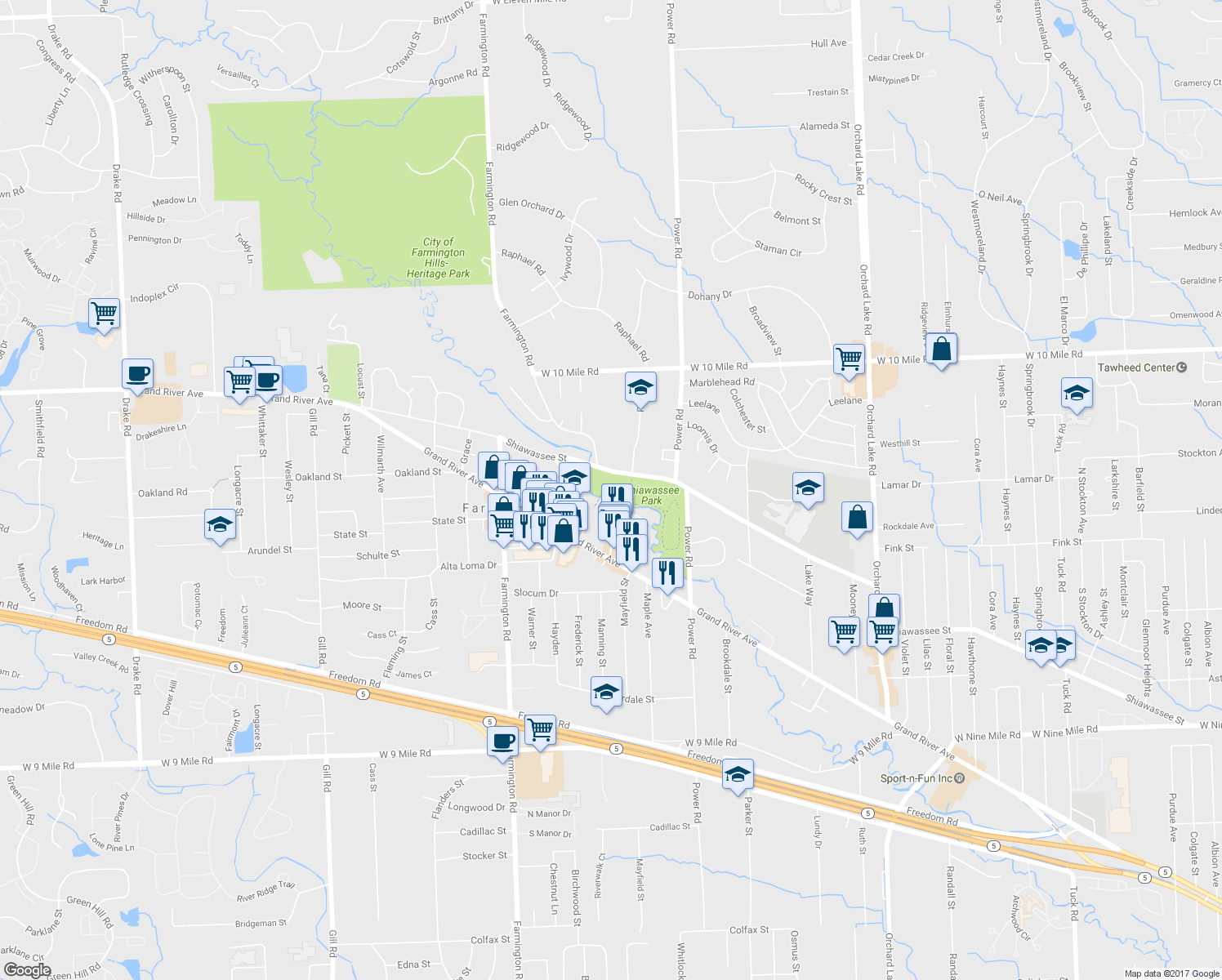map of restaurants, bars, coffee shops, grocery stores, and more near 32401 Shiawassee Street in Farmington