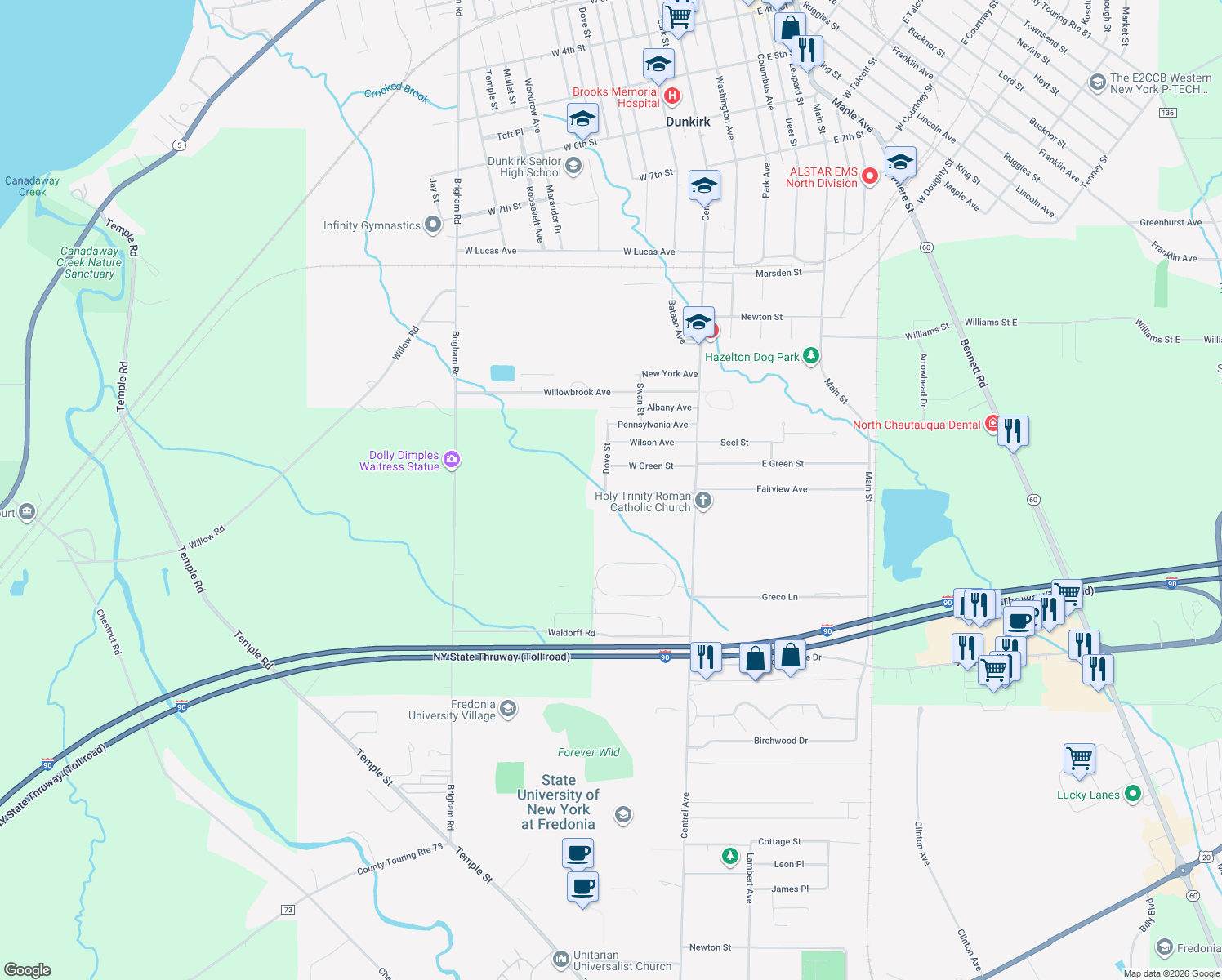 map of restaurants, bars, coffee shops, grocery stores, and more near 35 Lafayette Avenue in Dunkirk