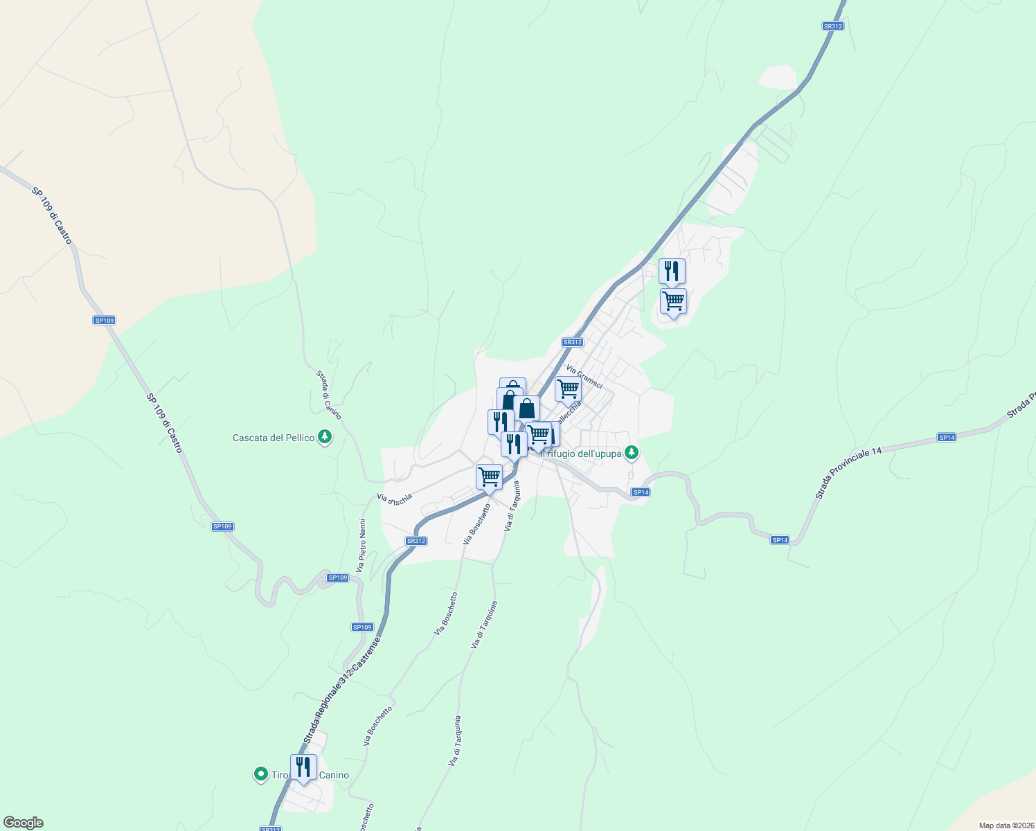 map of restaurants, bars, coffee shops, grocery stores, and more near Strada Statale 312 Castrese in Canino