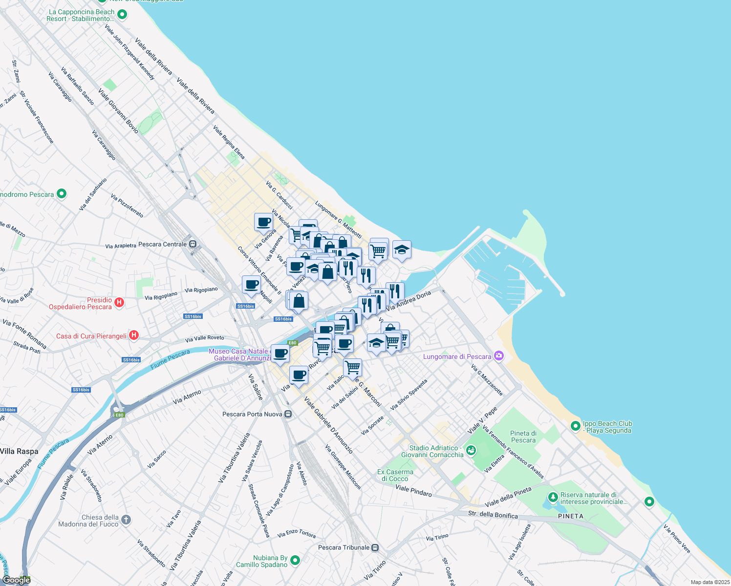map of restaurants, bars, coffee shops, grocery stores, and more near 35 Via Raffaele Paolucci in Pescara