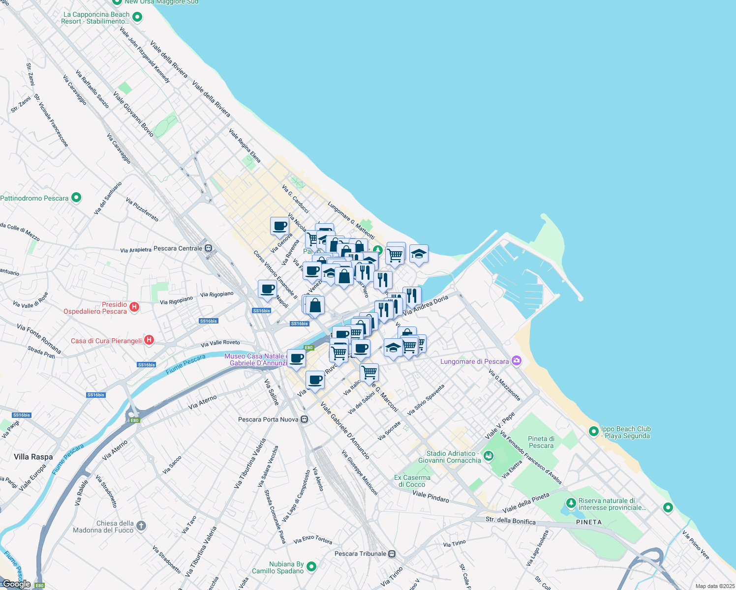 map of restaurants, bars, coffee shops, grocery stores, and more near 35 Via Raffaele Paolucci in Pescara