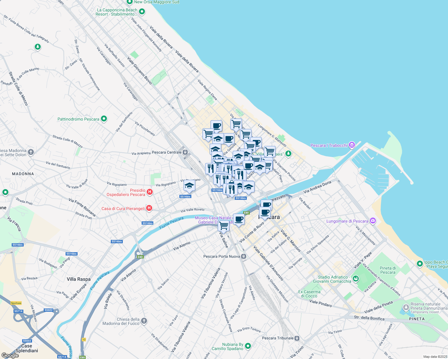 map of restaurants, bars, coffee shops, grocery stores, and more near 38 Via L'Aquila in Pescara