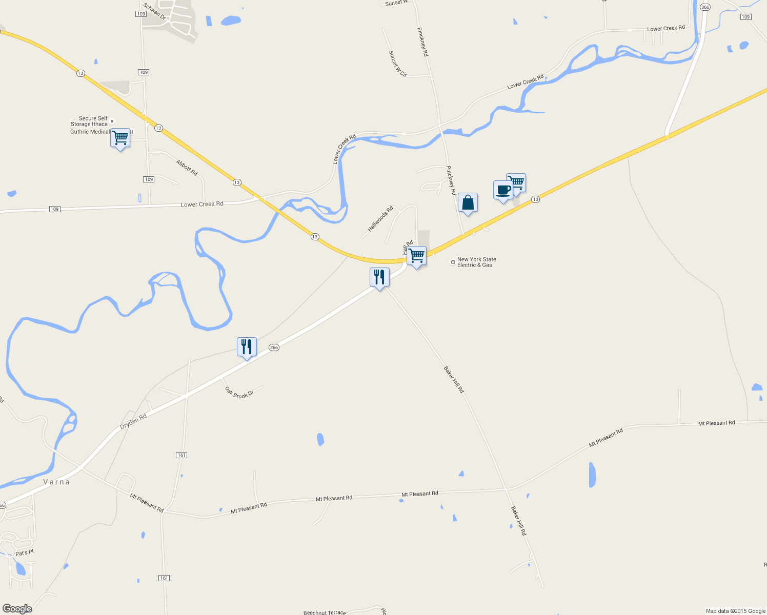 map of restaurants, bars, coffee shops, grocery stores, and more near 1279 Dryden Road in Ithaca