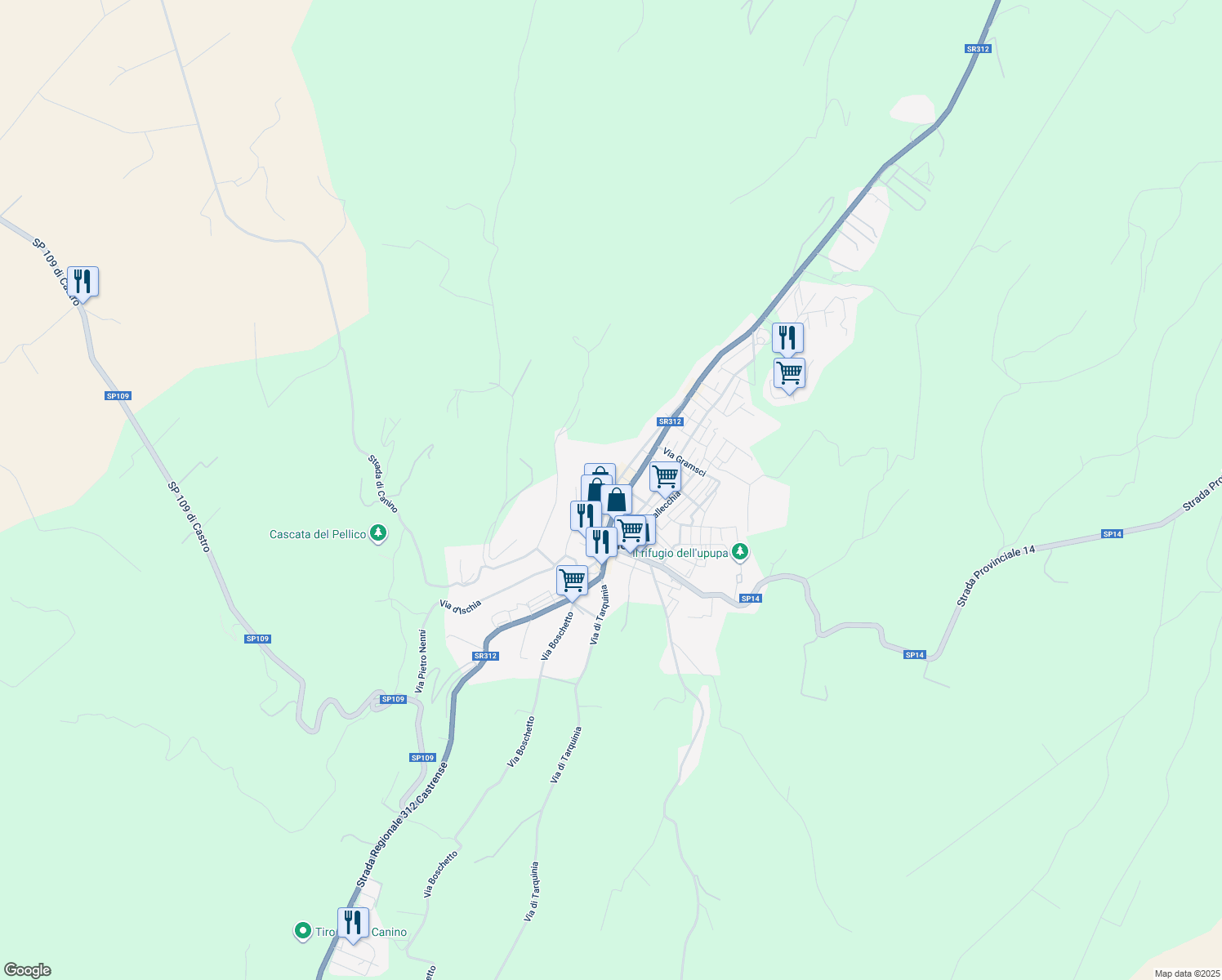 map of restaurants, bars, coffee shops, grocery stores, and more near 45 via legnano in Canino