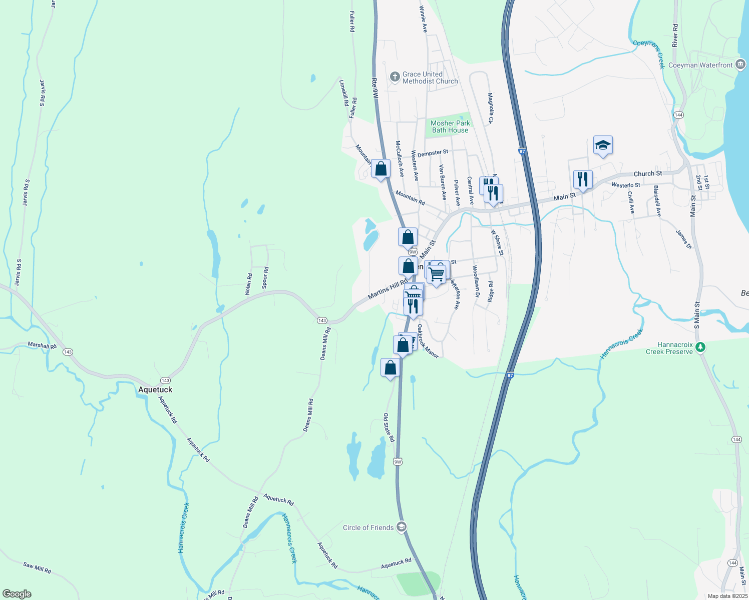 map of restaurants, bars, coffee shops, grocery stores, and more near 43 Martins Hill Road in Ravena