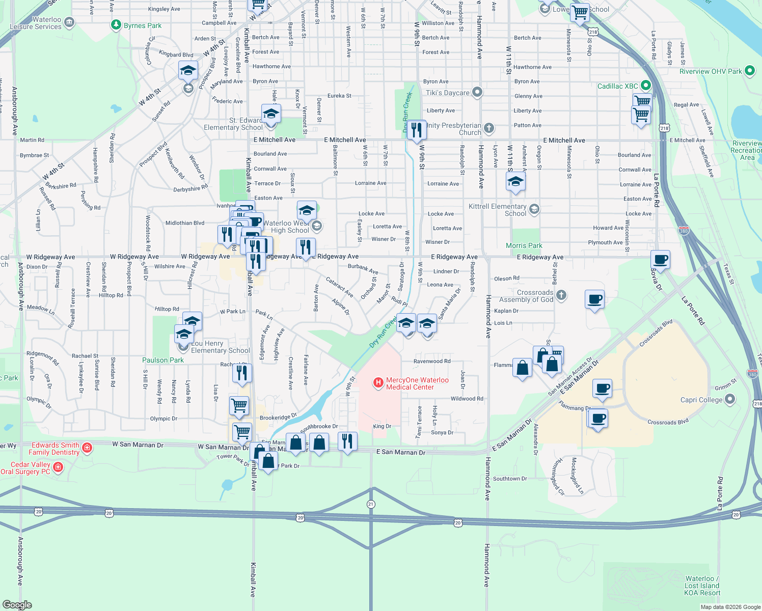 map of restaurants, bars, coffee shops, grocery stores, and more near 2625 Manor Street in Waterloo