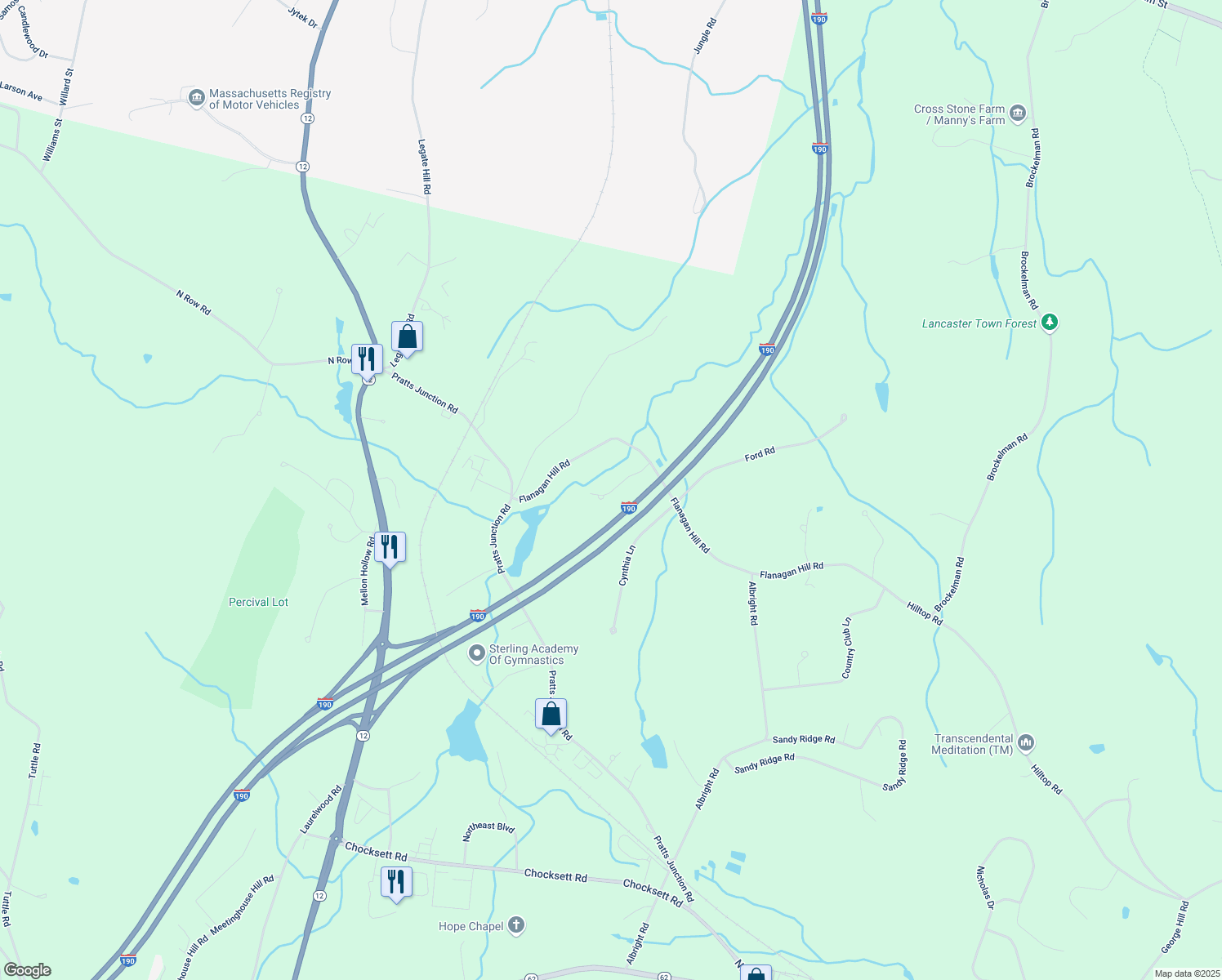 map of restaurants, bars, coffee shops, grocery stores, and more near 39 Flanagan Hill Road in Sterling