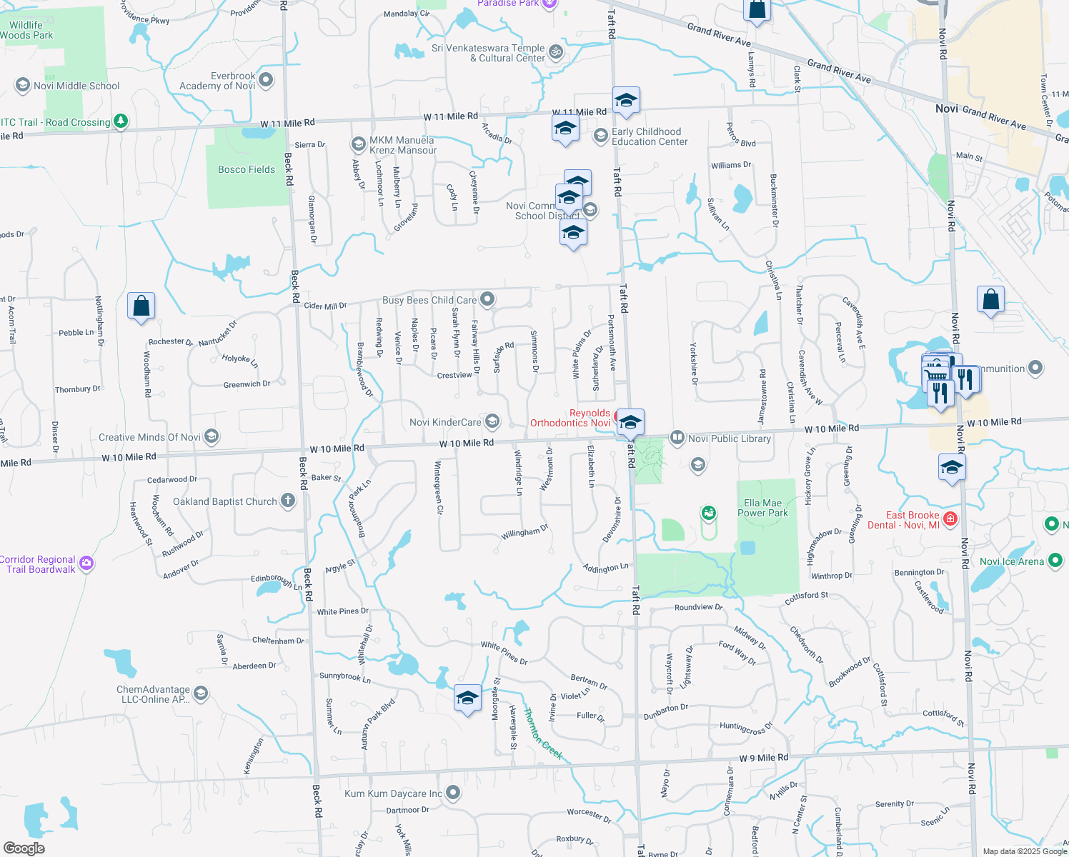 map of restaurants, bars, coffee shops, grocery stores, and more near 24236 Simmons Drive in Novi