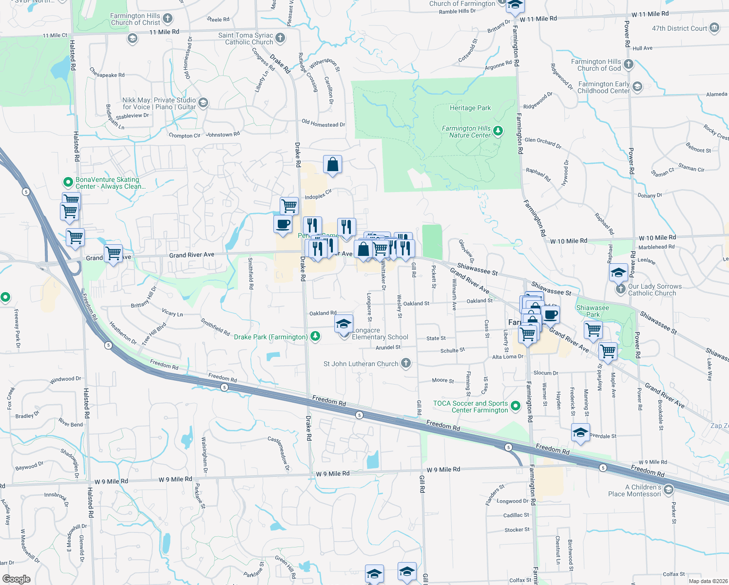 map of restaurants, bars, coffee shops, grocery stores, and more near 23841 Longacre St in Farmington