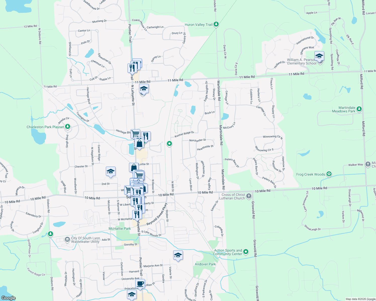 map of restaurants, bars, coffee shops, grocery stores, and more near 571 Covington Street in South Lyon
