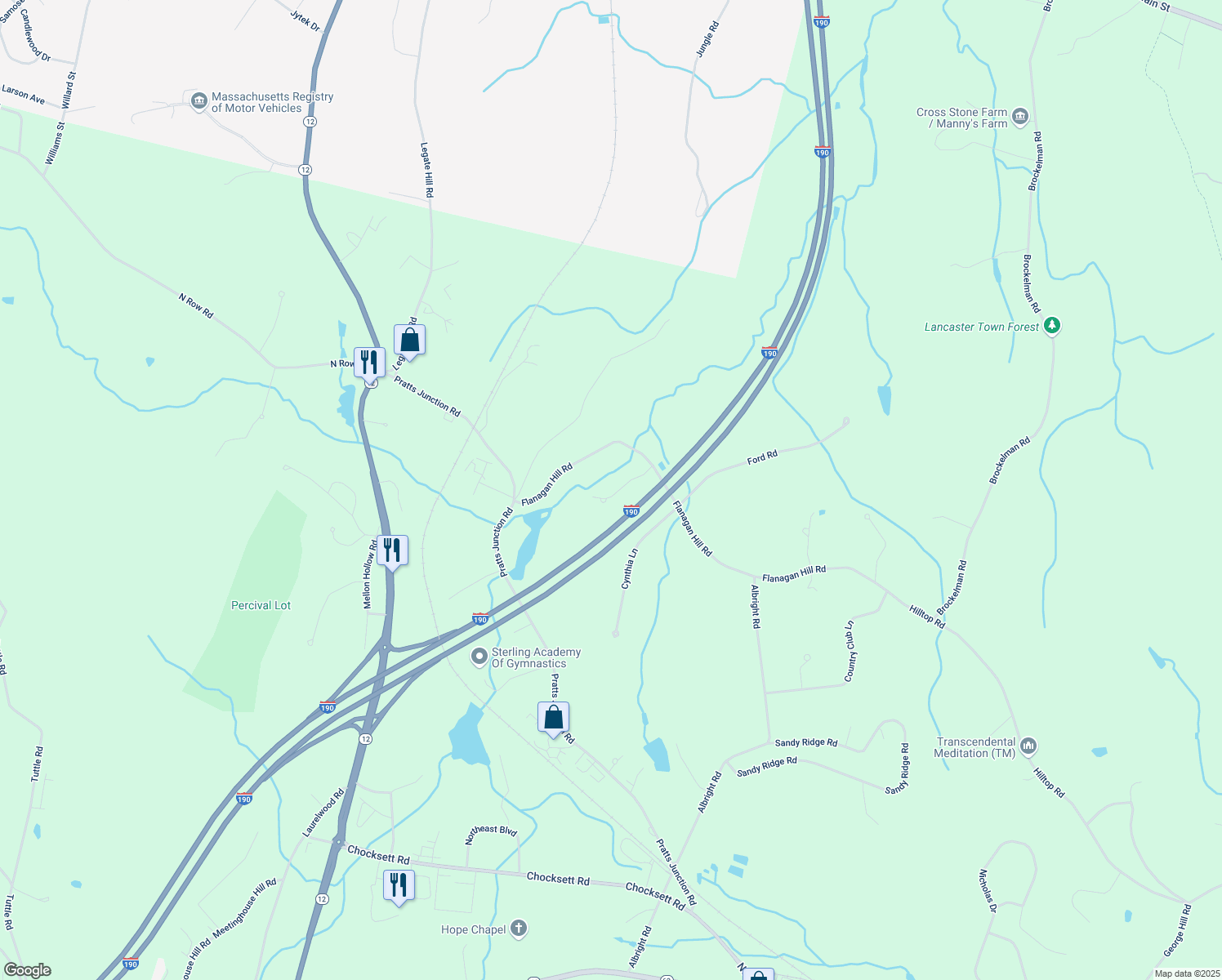 map of restaurants, bars, coffee shops, grocery stores, and more near 39 Flanagan Hill Road in Sterling