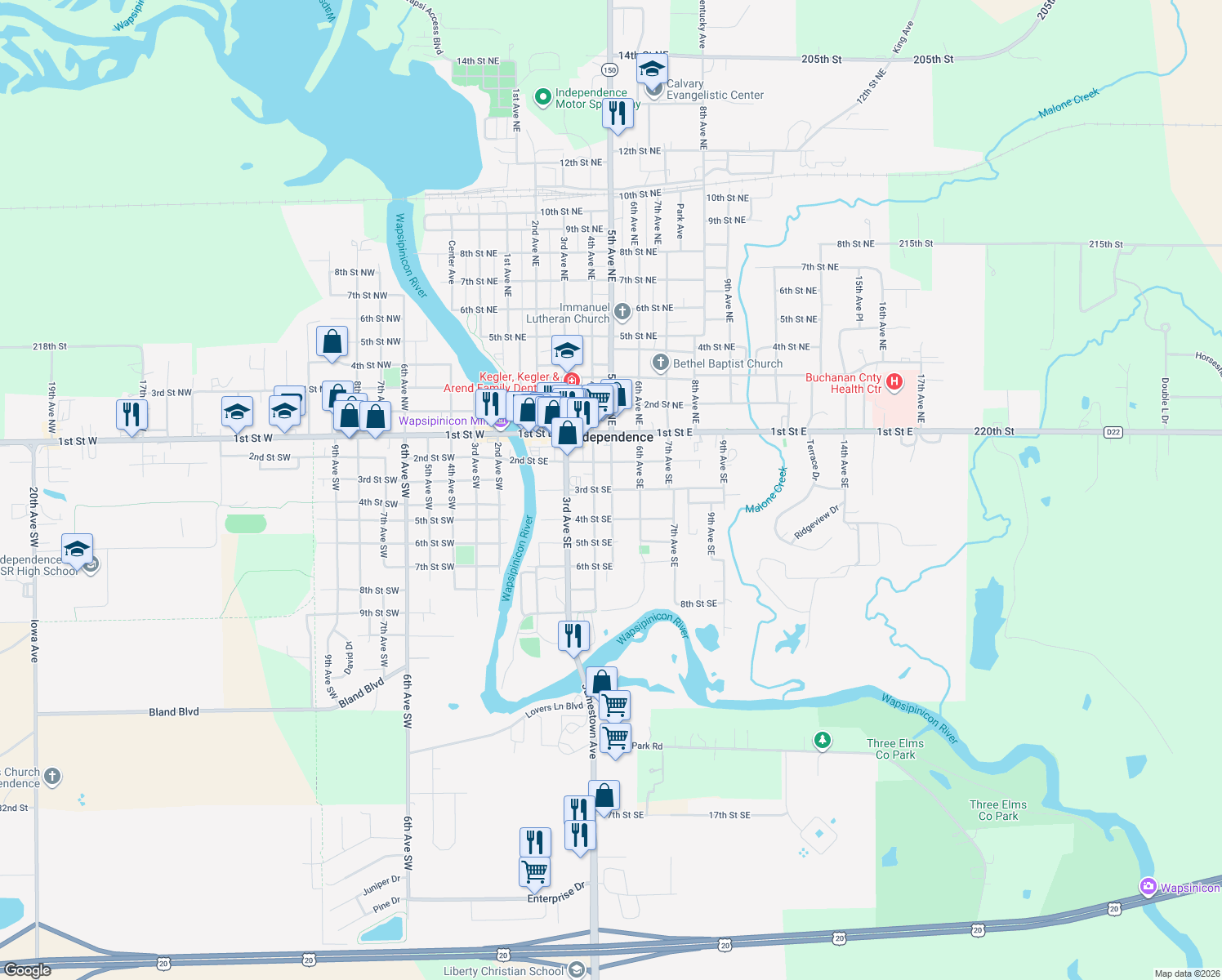map of restaurants, bars, coffee shops, grocery stores, and more near 499 3rd Street Southeast in Independence