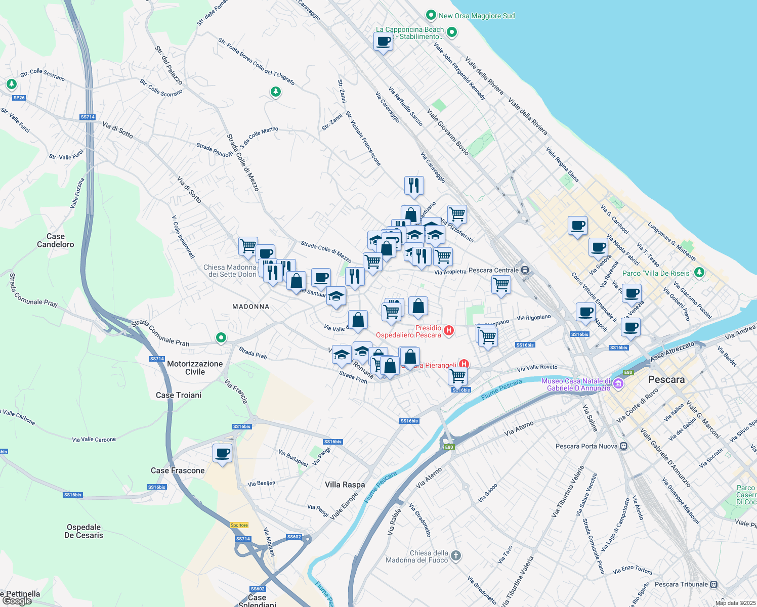 map of restaurants, bars, coffee shops, grocery stores, and more near Via Monte Secine in Pescara