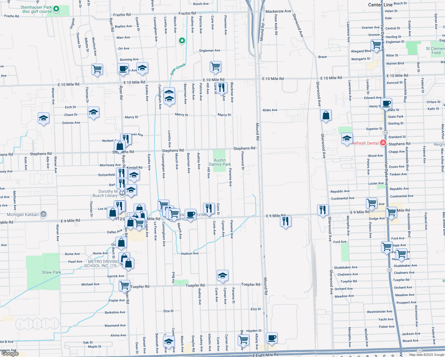 map of restaurants, bars, coffee shops, grocery stores, and more near 5226 Lark Ct in Warren