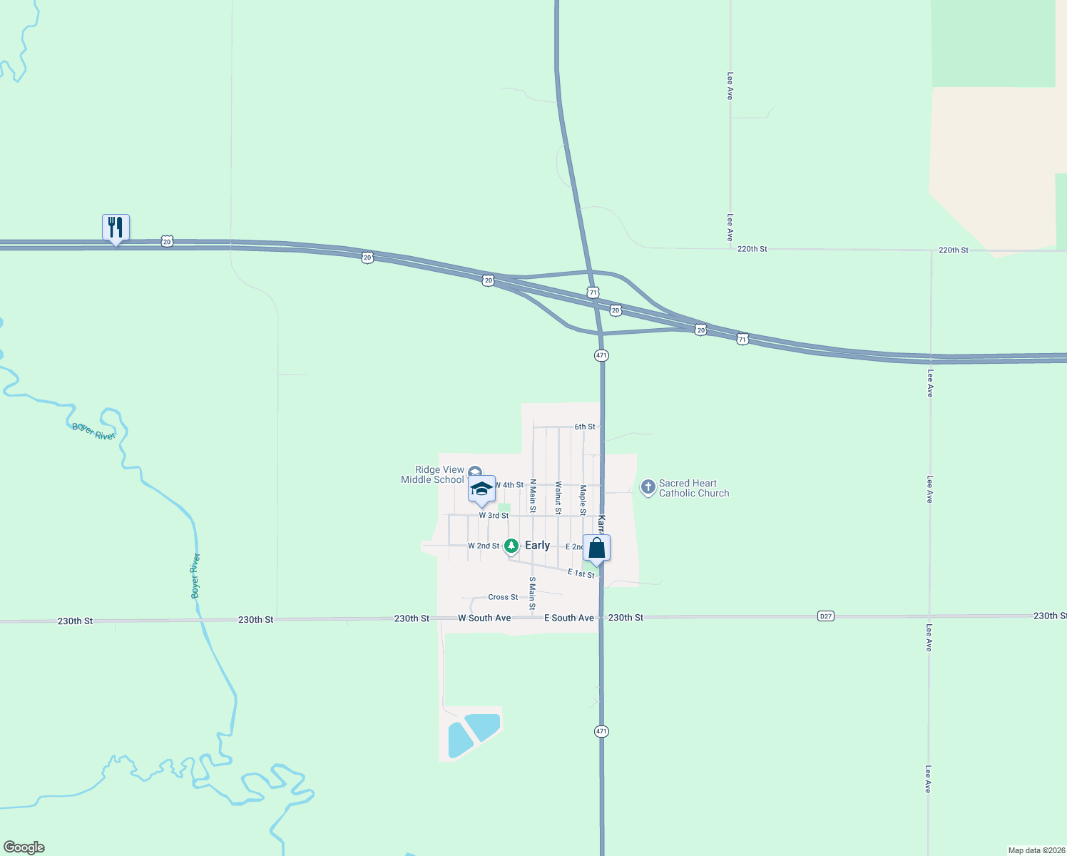 map of restaurants, bars, coffee shops, grocery stores, and more near 598 N Main St in Early