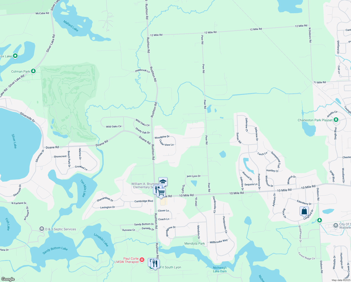 map of restaurants, bars, coffee shops, grocery stores, and more near 12695 Woodpine Drive in South Lyon