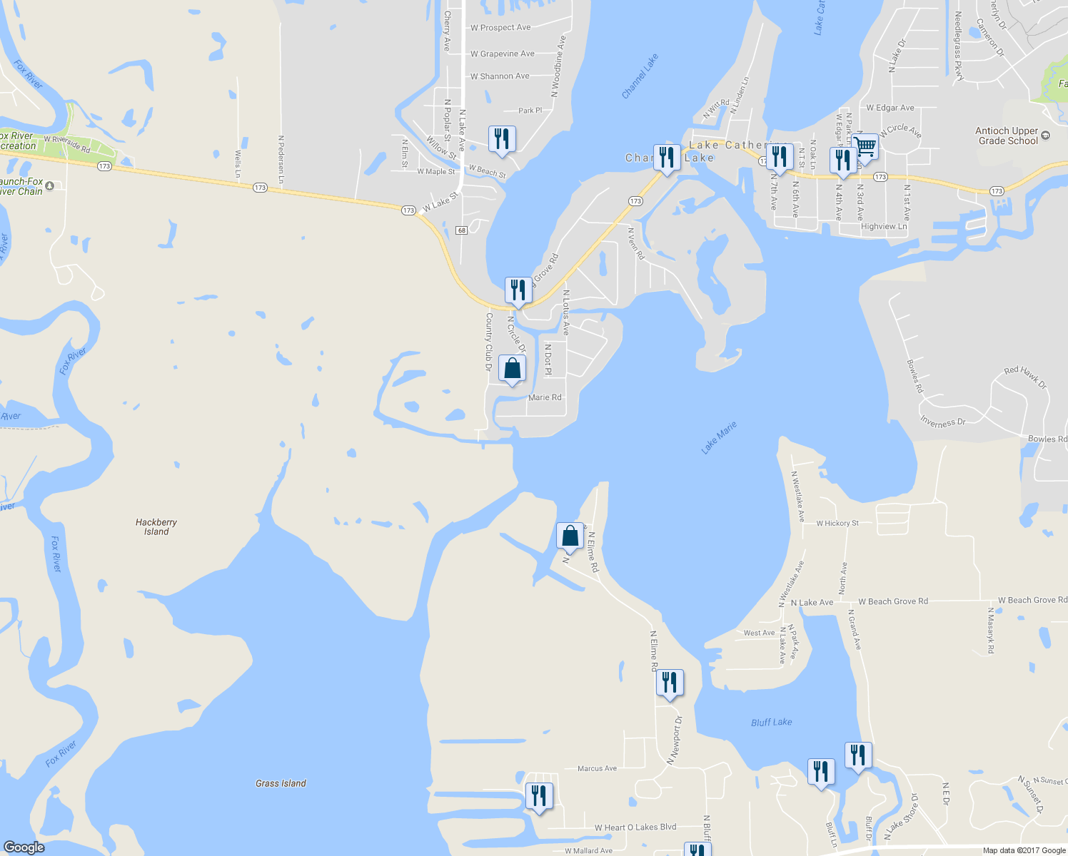 map of restaurants, bars, coffee shops, grocery stores, and more near 41645 North Lotus Avenue in Antioch