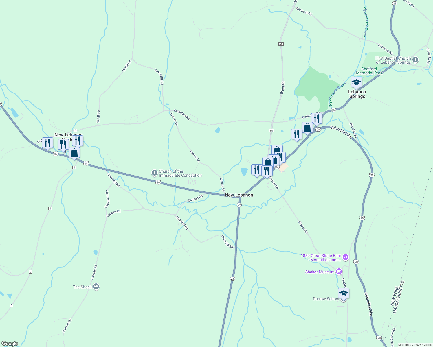 map of restaurants, bars, coffee shops, grocery stores, and more near 36 Lovers Lane in New Lebanon