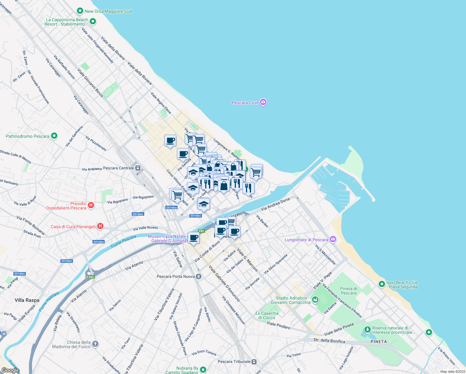 map of restaurants, bars, coffee shops, grocery stores, and more near 124 Via Gobetti Piero in Pescara