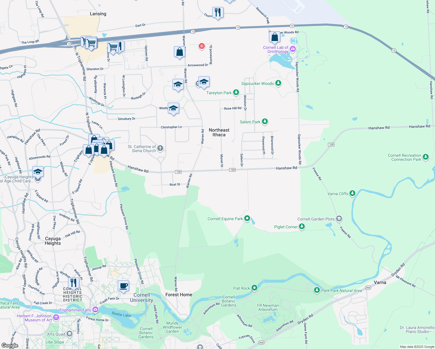 map of restaurants, bars, coffee shops, grocery stores, and more near 1317 Hanshaw Rd in Ithaca