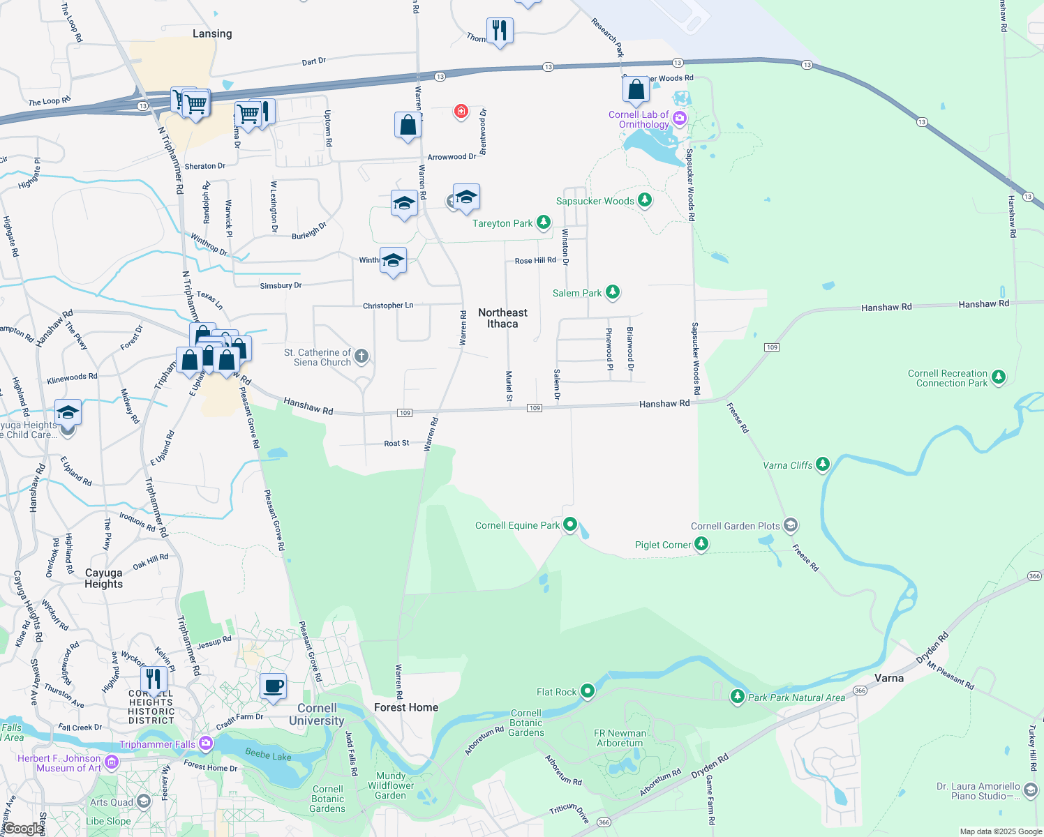 map of restaurants, bars, coffee shops, grocery stores, and more near 1405 Hanshaw Road in Ithaca
