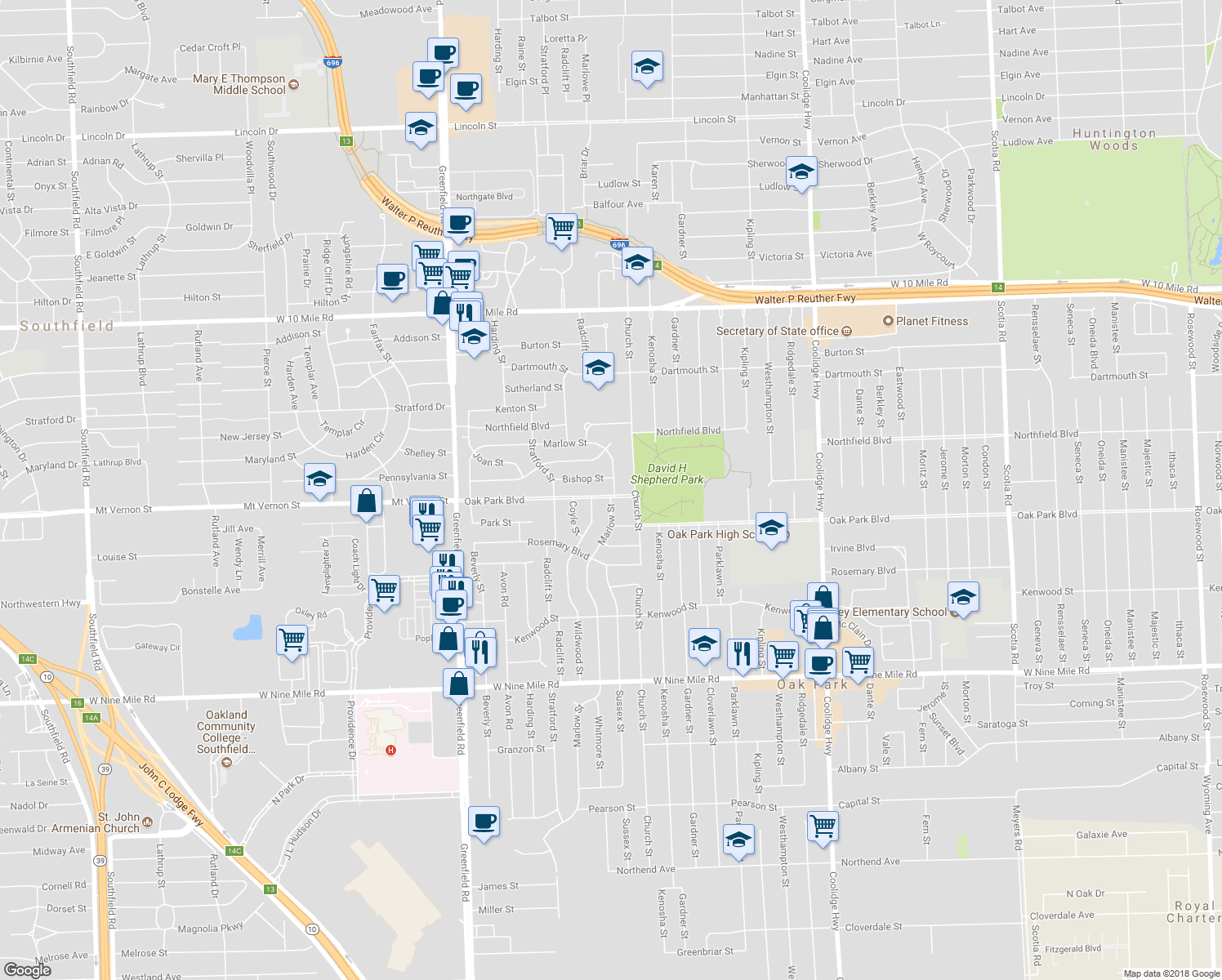 map of restaurants, bars, coffee shops, grocery stores, and more near 14500 Oak Park Boulevard in Oak Park