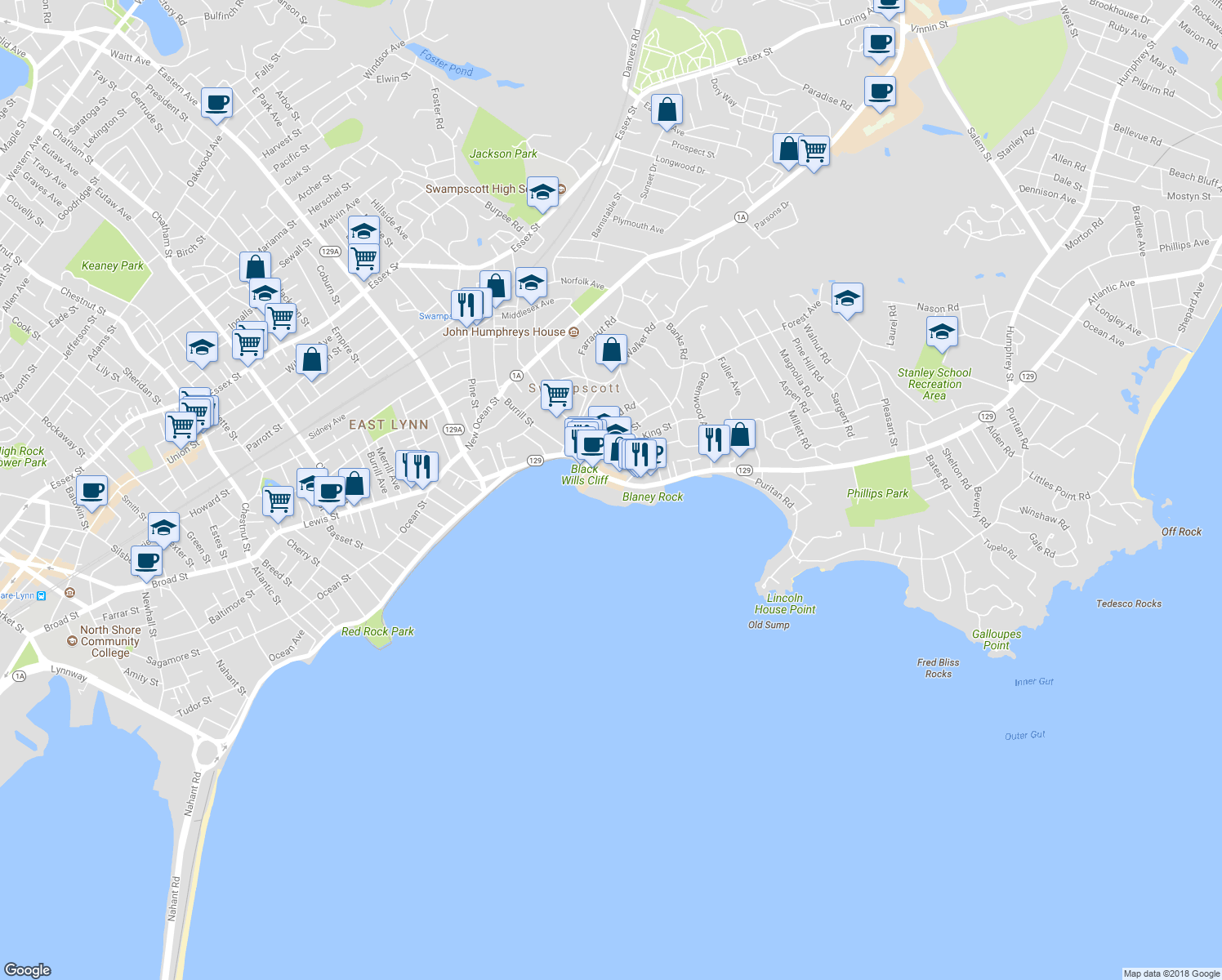 map of restaurants, bars, coffee shops, grocery stores, and more near 205 Humphrey Street in Swampscott