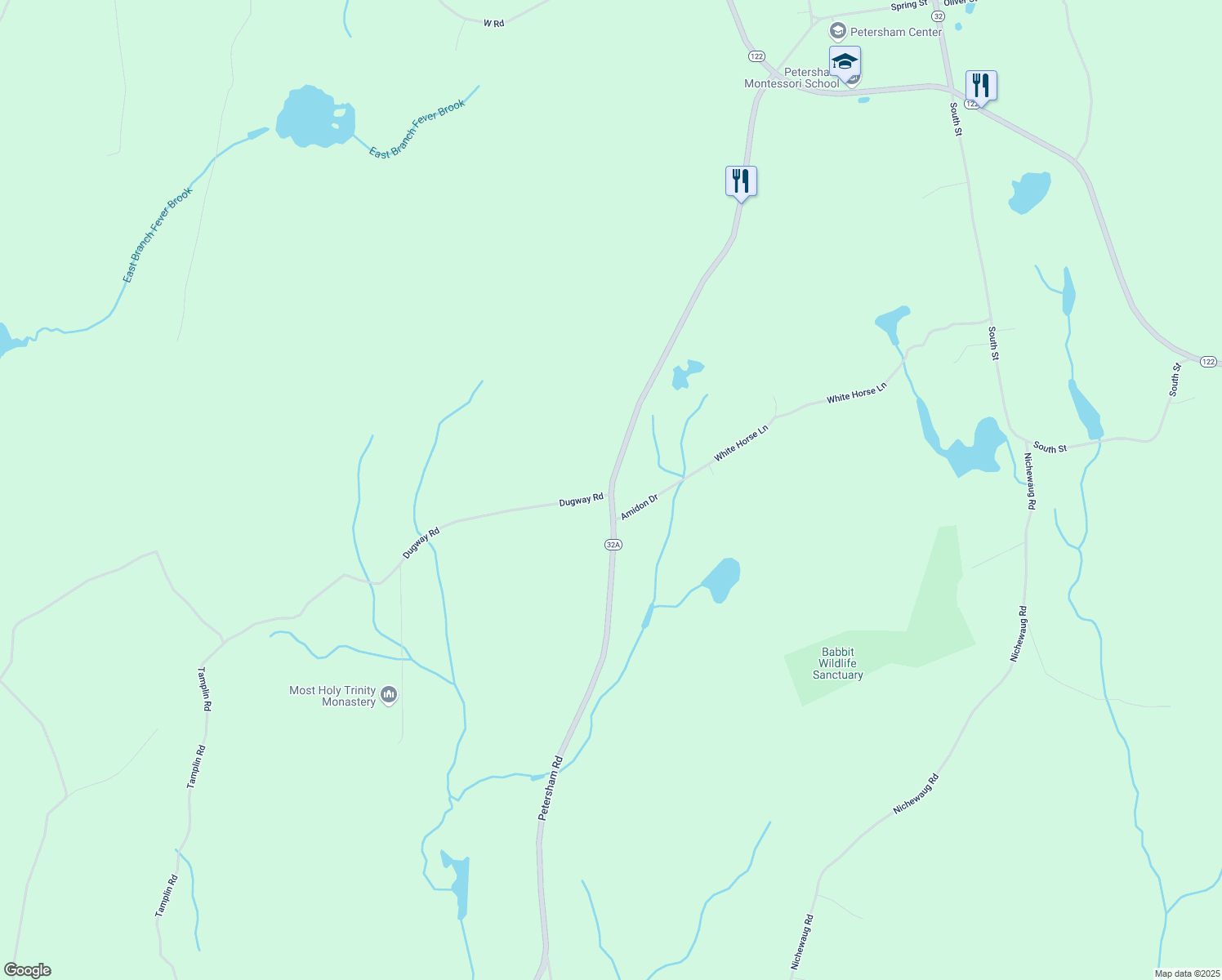 map of restaurants, bars, coffee shops, grocery stores, and more near 148 Hardwick Rd in Petersham