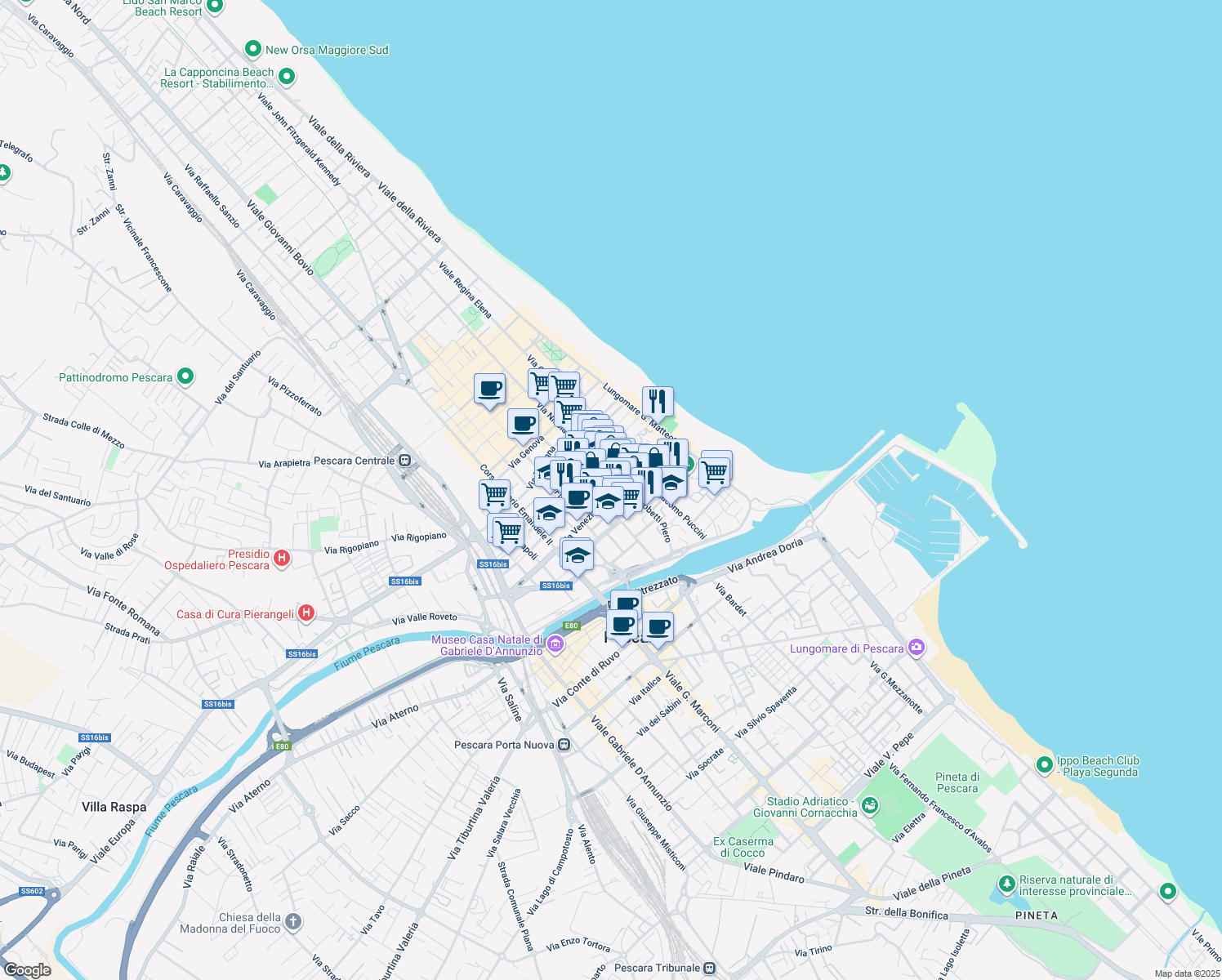 map of restaurants, bars, coffee shops, grocery stores, and more near 1 Via Lucania in Pescara