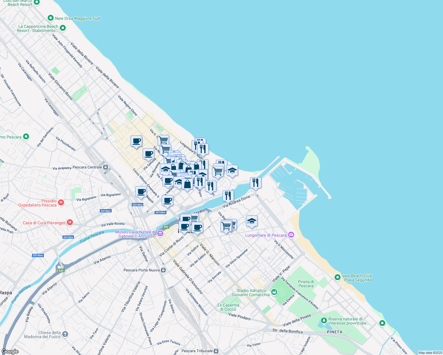 map of restaurants, bars, coffee shops, grocery stores, and more near 3 Lungomare Giacomo Matteotti in Pescara