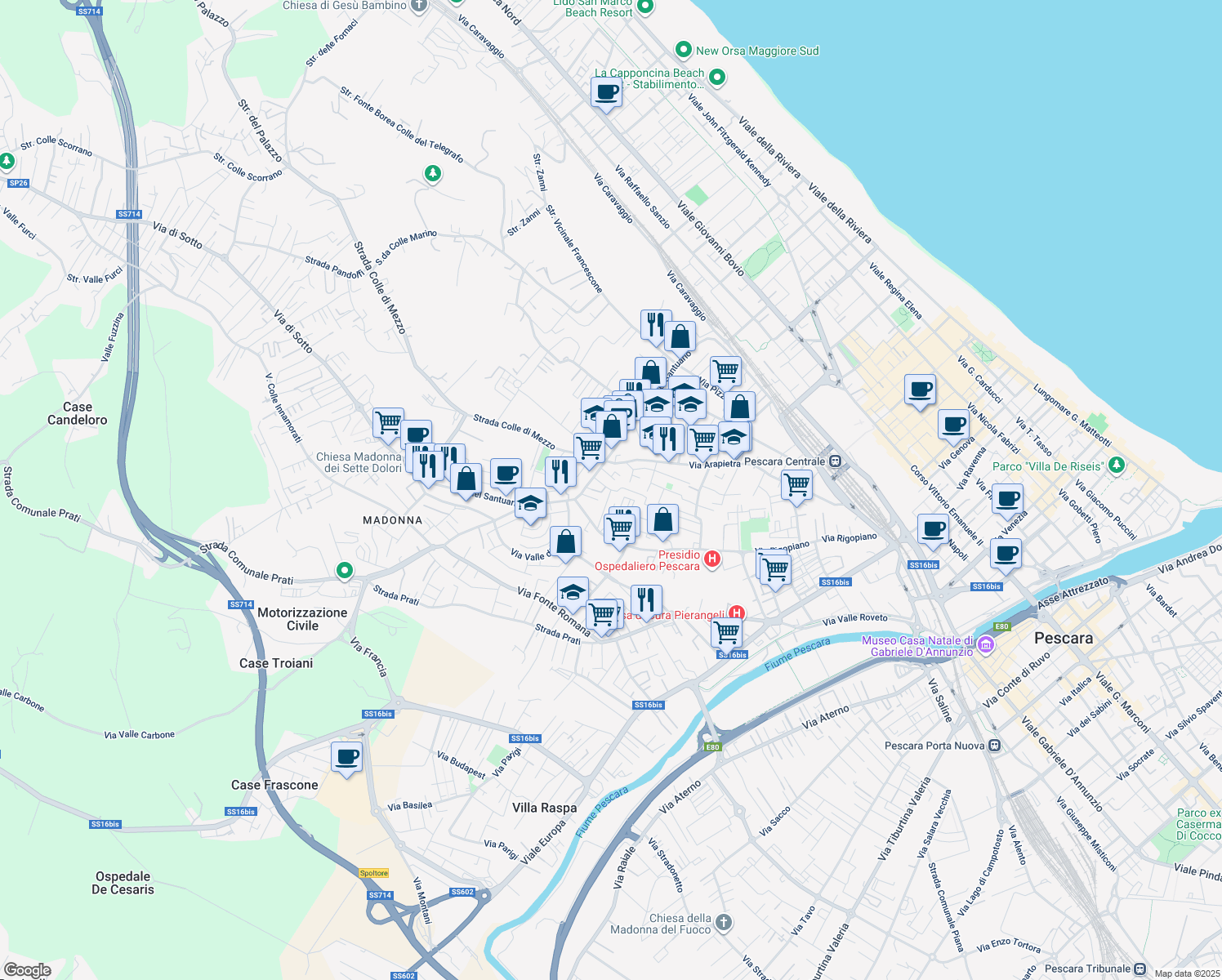 map of restaurants, bars, coffee shops, grocery stores, and more near Via Monte Secine in Pescara