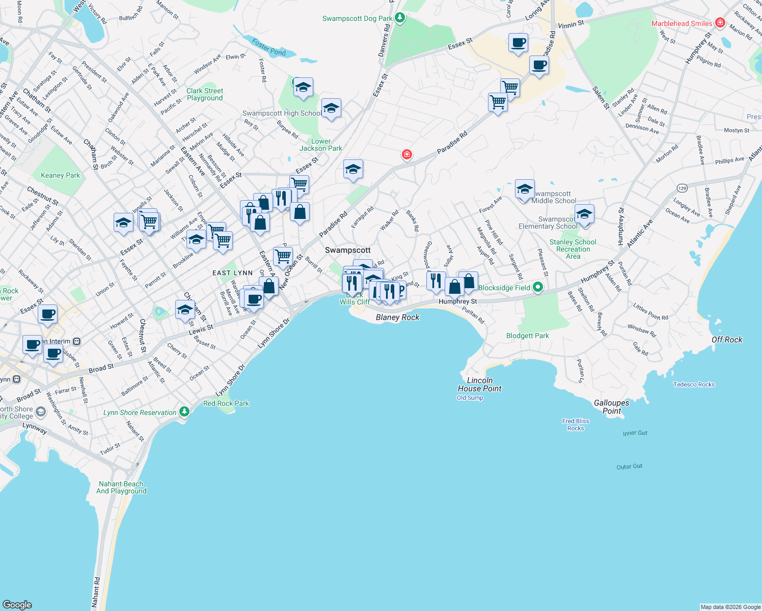 map of restaurants, bars, coffee shops, grocery stores, and more near 6 Blaney Street in Swampscott