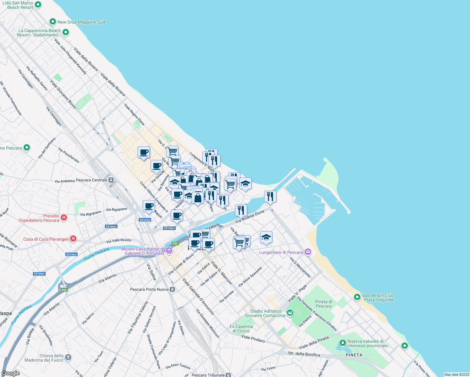 map of restaurants, bars, coffee shops, grocery stores, and more near 3 Lungomare Giacomo Matteotti in Pescara