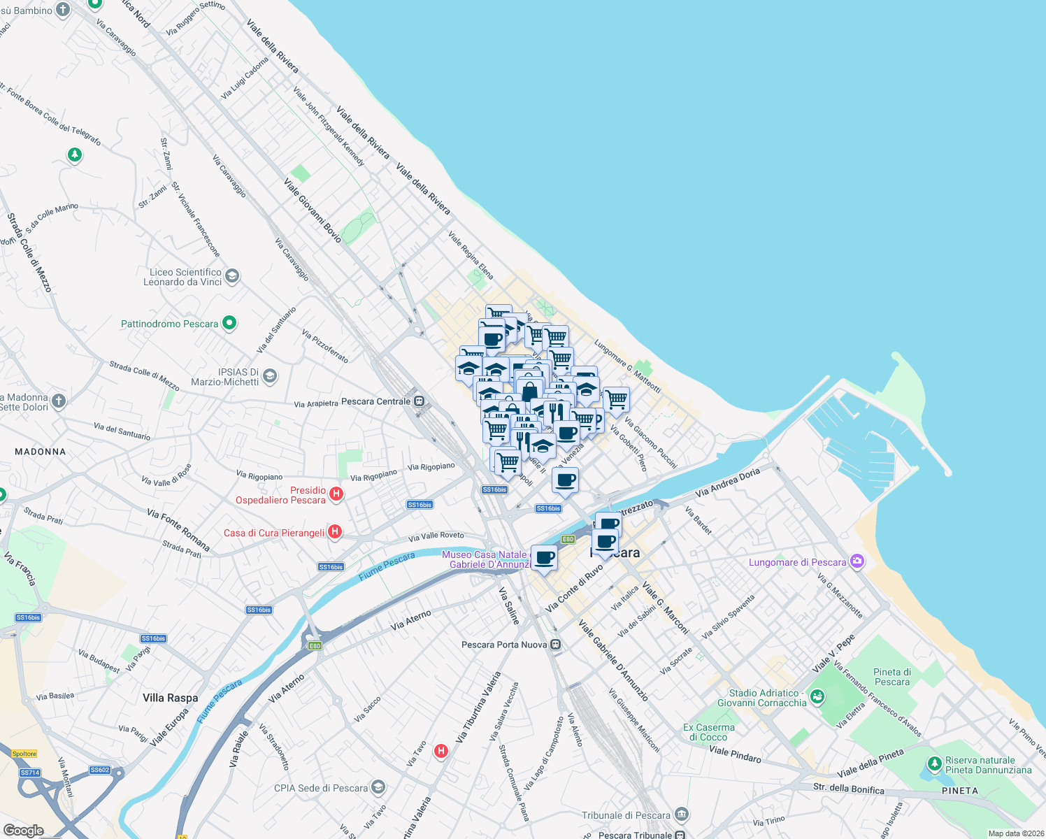 map of restaurants, bars, coffee shops, grocery stores, and more near 153 Via Firenze in Pescara
