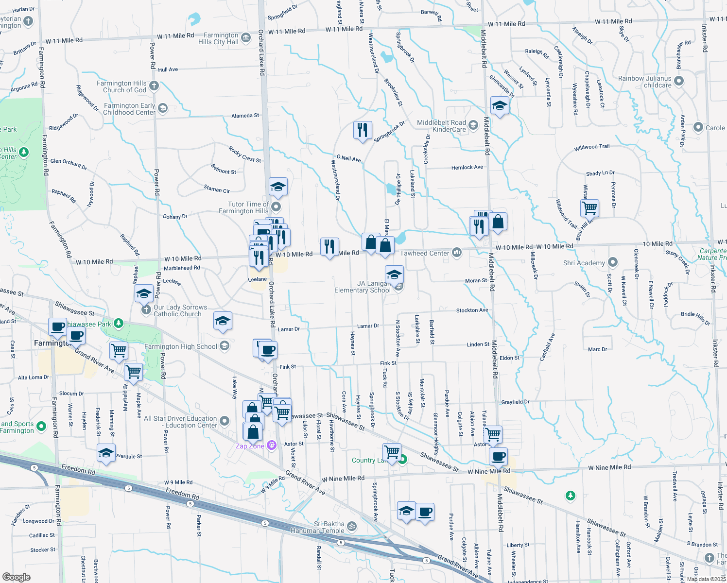 map of restaurants, bars, coffee shops, grocery stores, and more near 30445 Moran St in Farmington Hills