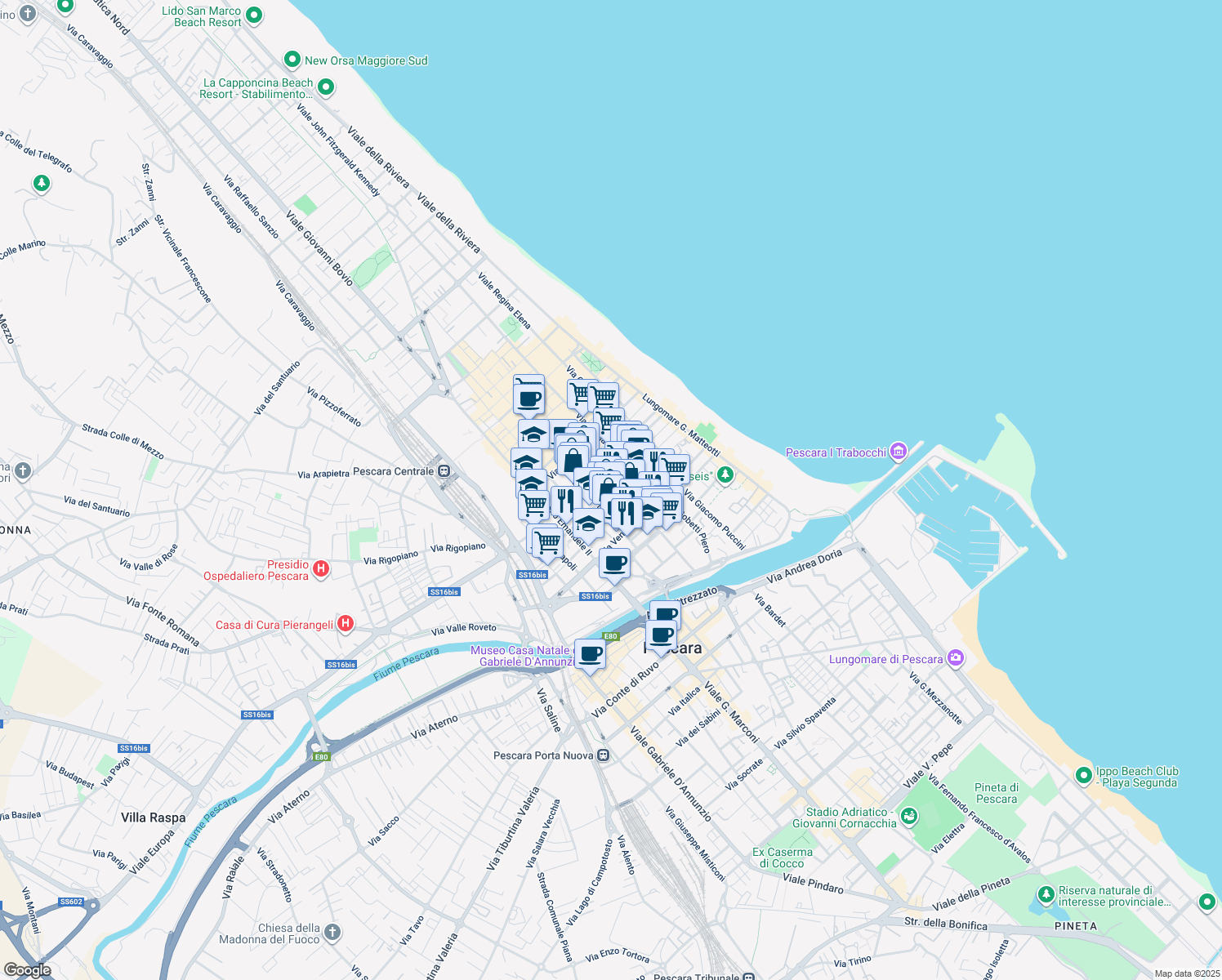 map of restaurants, bars, coffee shops, grocery stores, and more near 91 Via Palermo in Pescara