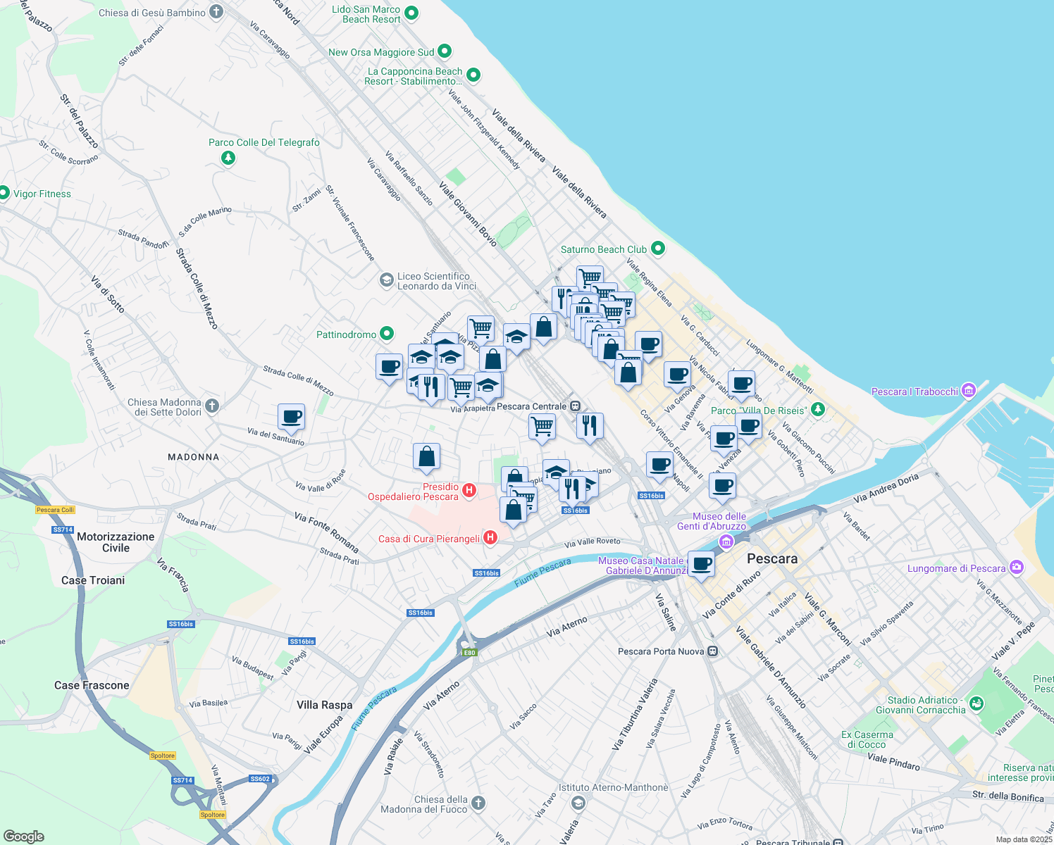map of restaurants, bars, coffee shops, grocery stores, and more near 43 Via Arapietra in Pescara