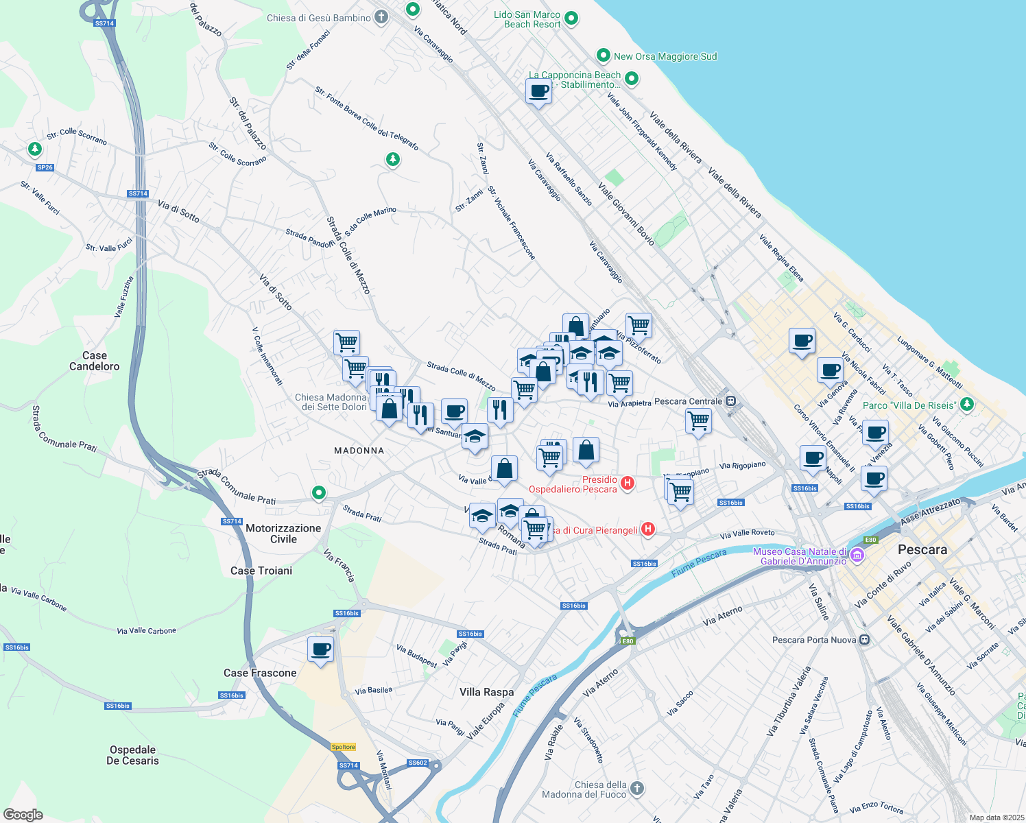 map of restaurants, bars, coffee shops, grocery stores, and more near 8 Via Colle di Vallevona in Pescara