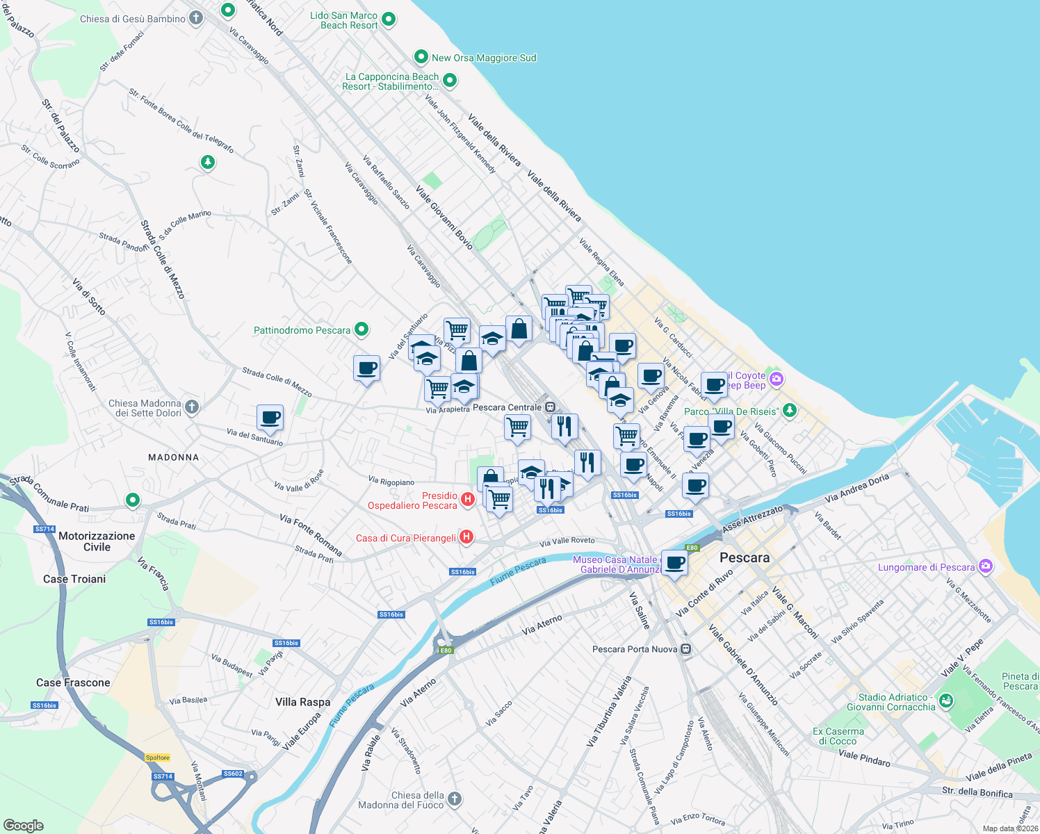 map of restaurants, bars, coffee shops, grocery stores, and more near 5 Via Fucino in Pescara