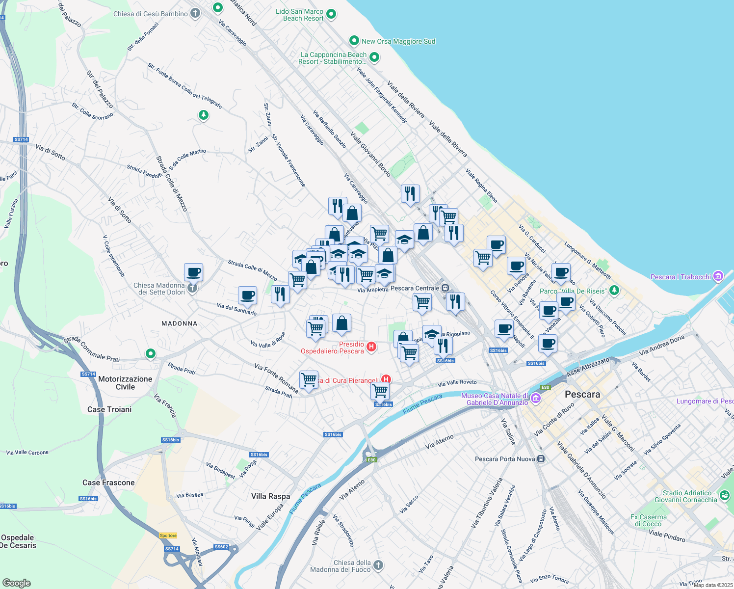 map of restaurants, bars, coffee shops, grocery stores, and more near 99 Via Passo della Portella in Pescara