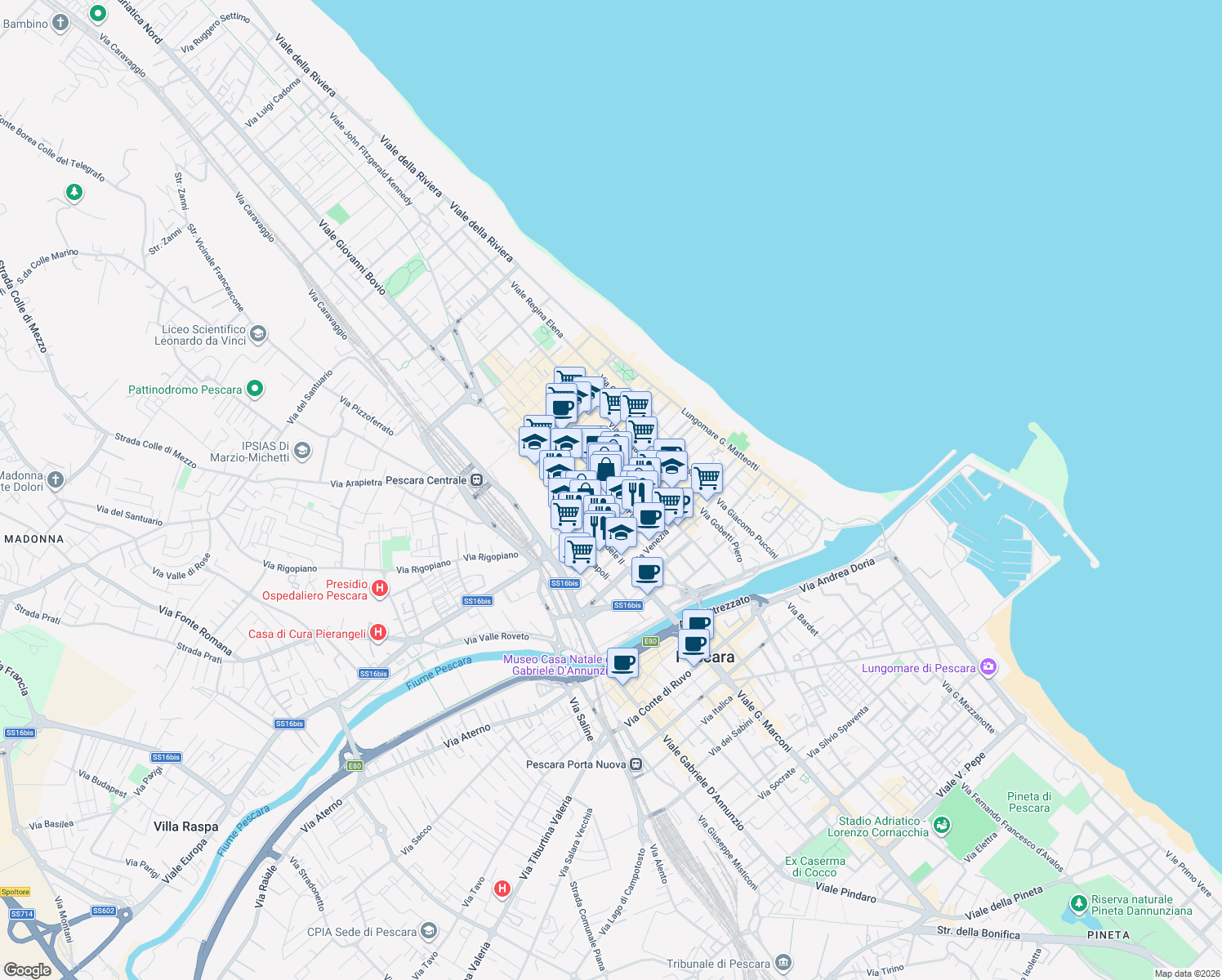 map of restaurants, bars, coffee shops, grocery stores, and more near 153 Via Firenze in Pescara