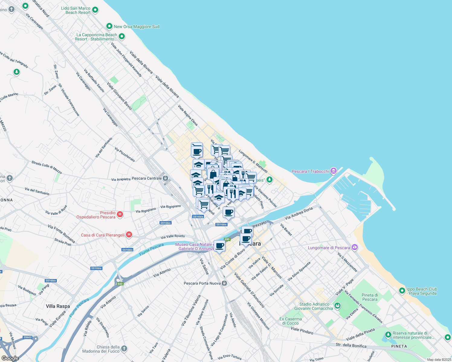 map of restaurants, bars, coffee shops, grocery stores, and more near 91 Via Palermo in Pescara