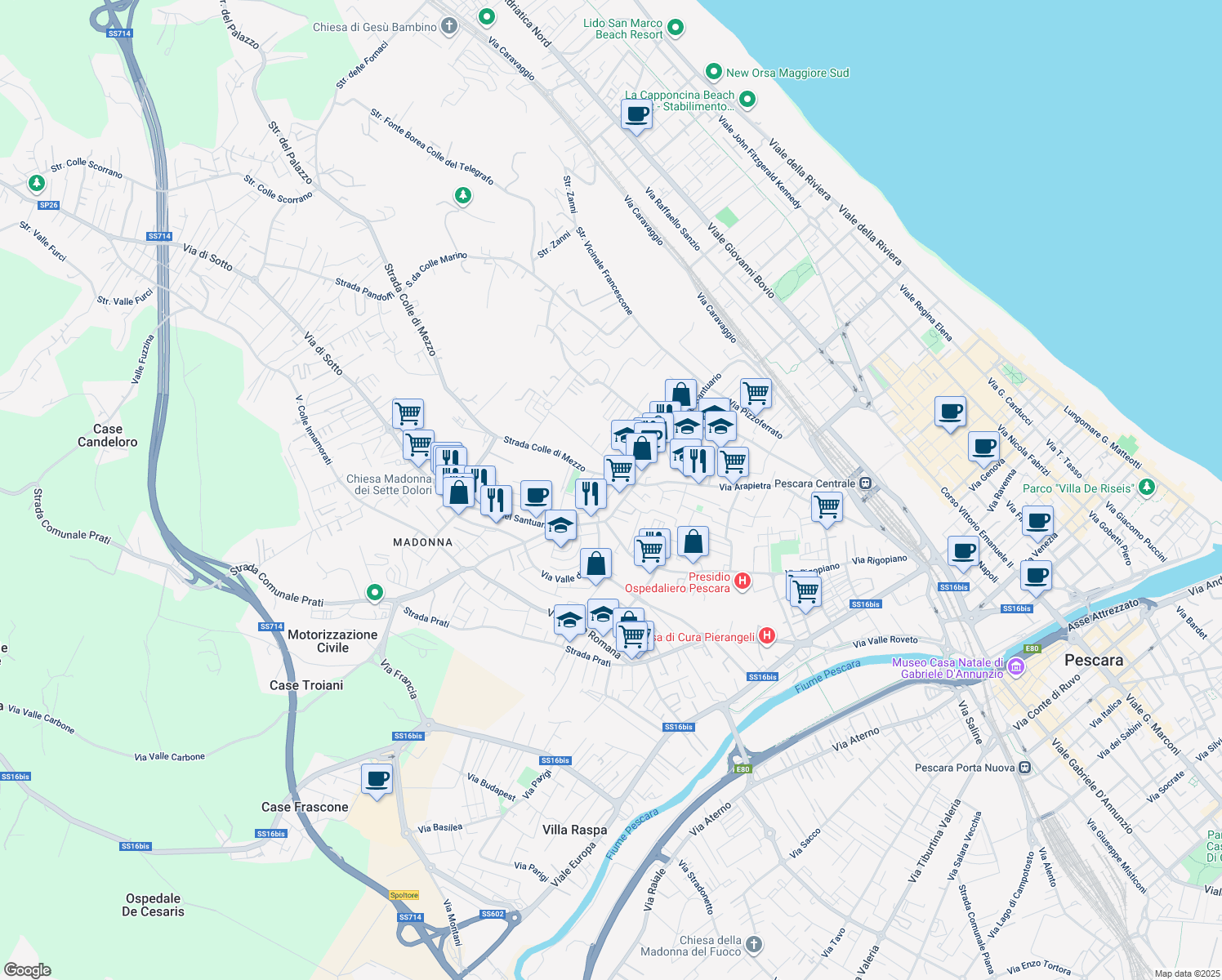 map of restaurants, bars, coffee shops, grocery stores, and more near 8 Via Colle di Vallevona in Pescara